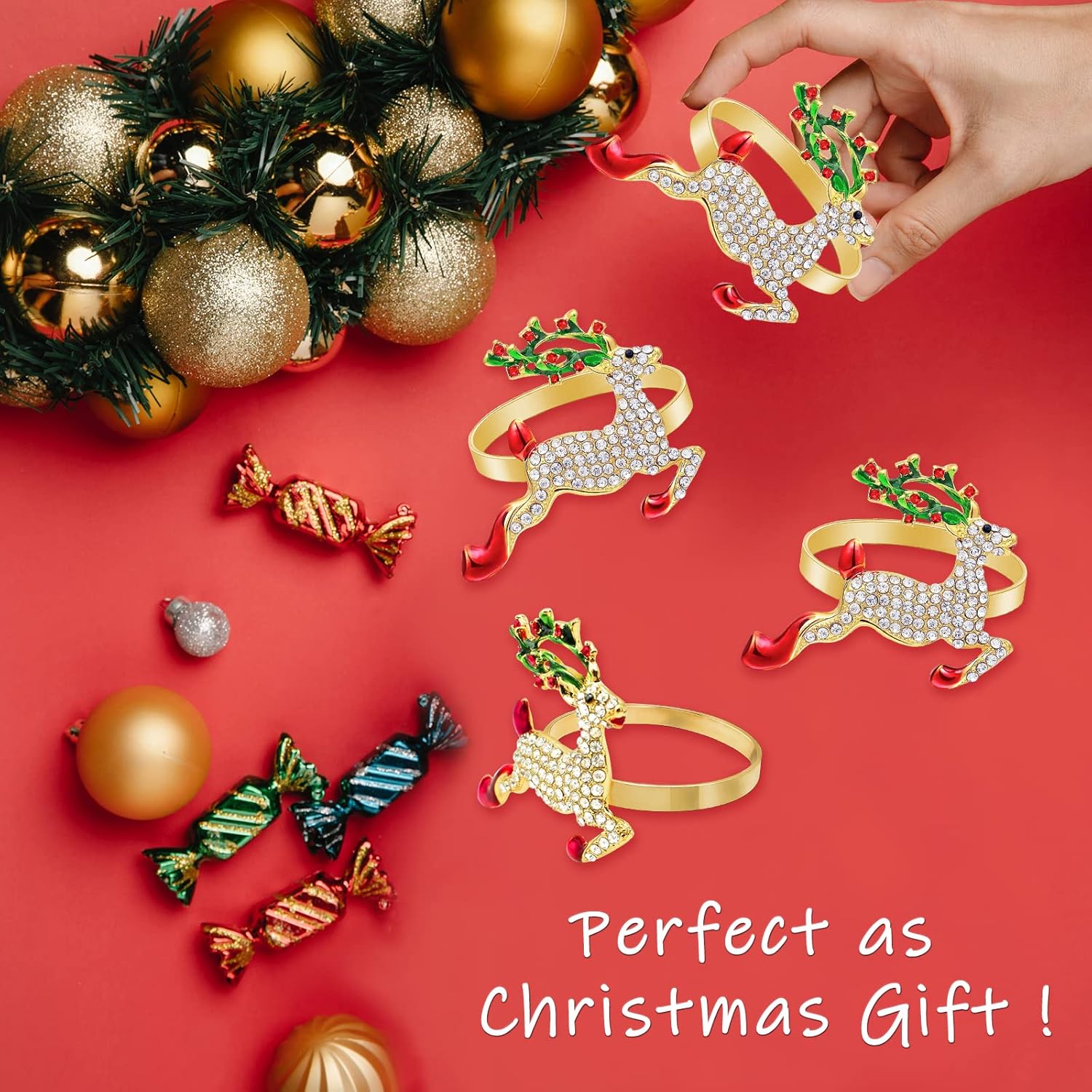 Legigo Juego de 12 servilleteros de ciervo de Navidad – Servilleteros de Navidad con ciervos de diamantes para servilletas de tela, decoración de