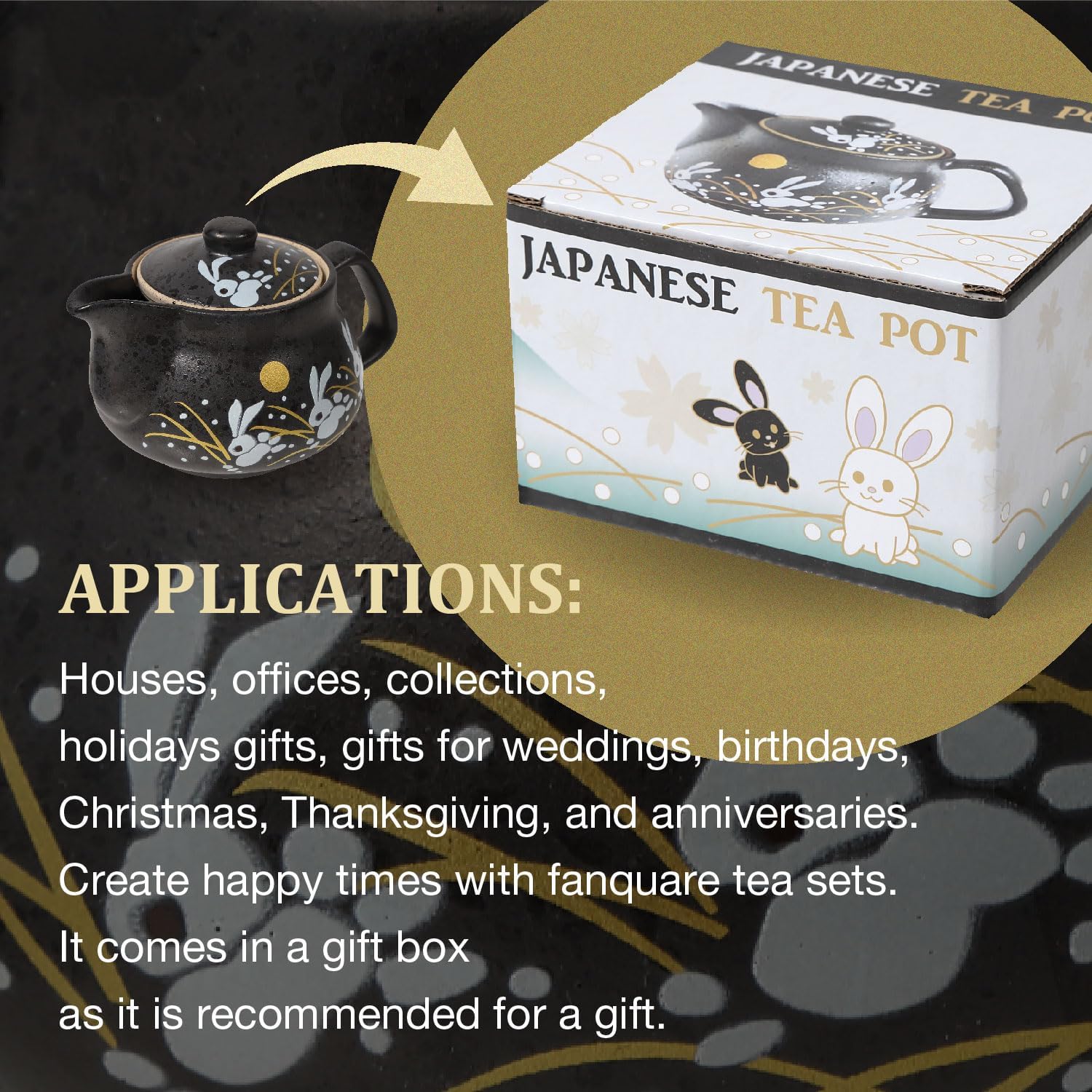 HAKONE YOSEGI Tetera japonesa Kutani Yaki de conejo Kutani Yaki de 10 onzas con infusor extraíble, taza con asa, tetera segura para estufa, set de