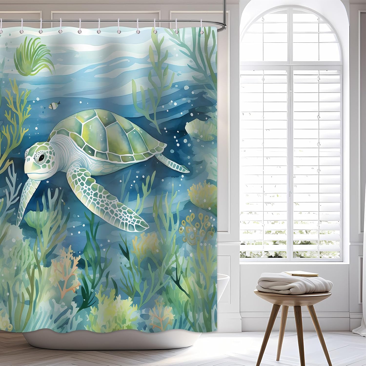 Cortina de ducha de tortuga marina, cortina de baño azul y verde azulado océano, peces bajo el agua, conchas marinas, planta acuática, juego de