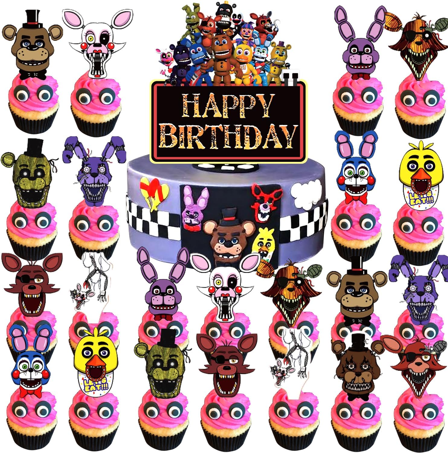 Suministros para fiesta de cumpleaños de Five Nights Freddy, 25 piezas de decoraciones de pastel de Freddy de Five Nights con adornos para cupcakes