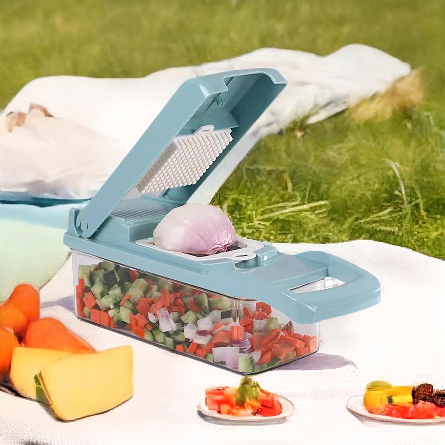 Cortador de verduras definitivo picador multifuncional 14 en 1 con recipiente, rebanar, cortar en dados, espiralizar y rallar para una fácil