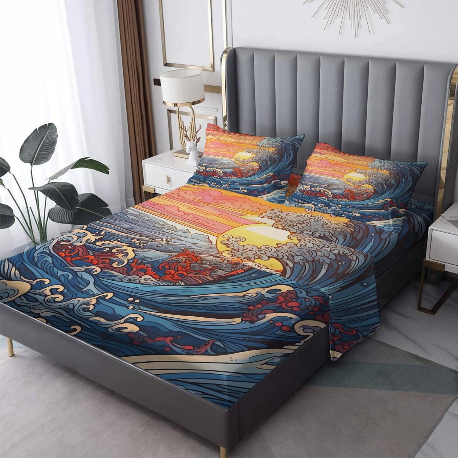 Waves Sábanas tamaño Queen, sábanas de cama con diseño de atardecer, juego de sábanas y fundas de almohada de 4 piezas, sábana bajera ajustable de