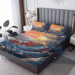Waves Sábanas tamaño Queen, sábanas de cama con diseño de atardecer, juego de sábanas y fundas de almohada de 4 piezas, sábana bajera ajustable de Waves Sábanas tamaño Queen, sábanas de cama con diseño de atardecer, juego de sábanas y fundas de almohada de 4 piezas, sábana bajera ajustable de