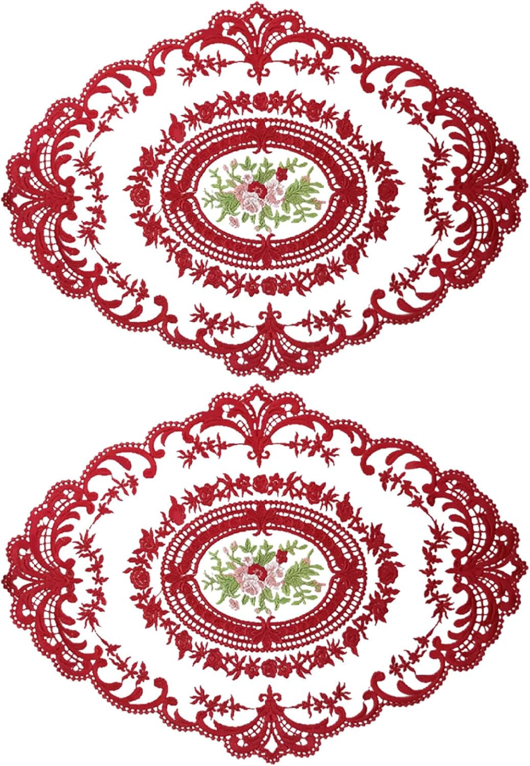 Mantel para mesa auxiliar, manteles individuales de encaje, 2 piezas de malla ovalada bordada de flores de 16.5 x 12.2 pulgadas, manteles