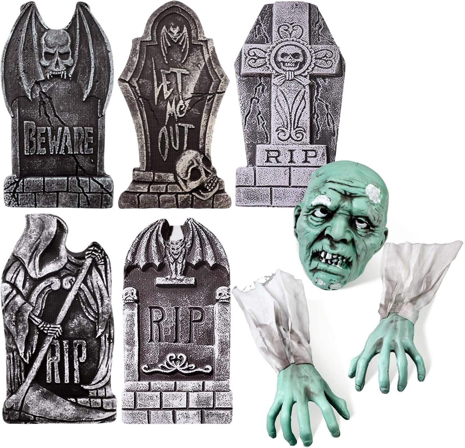 Soaoo El juego de decoración de zombi para Halloween incluye 1 estaca de esqueleto aterrador y 5 lápidas de cementerio de espuma de Halloween de 17