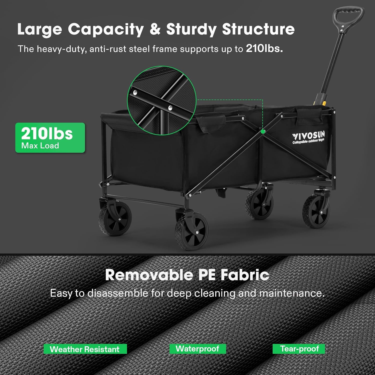 VIVOSUN Carro plegable plegable, utilidad al aire libre con ruedas todo terreno, mango ajustable, portavasos y bolsillos laterales, para campamento,