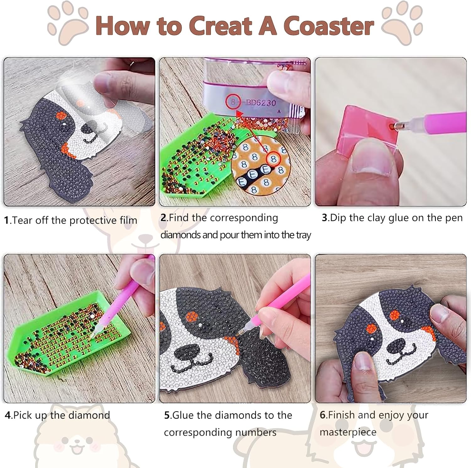 8 posavasos de pintura de diamante en forma de perro para bebidas, kits de pintura de diamantes para perros de mascotas con soporte, posavasos de