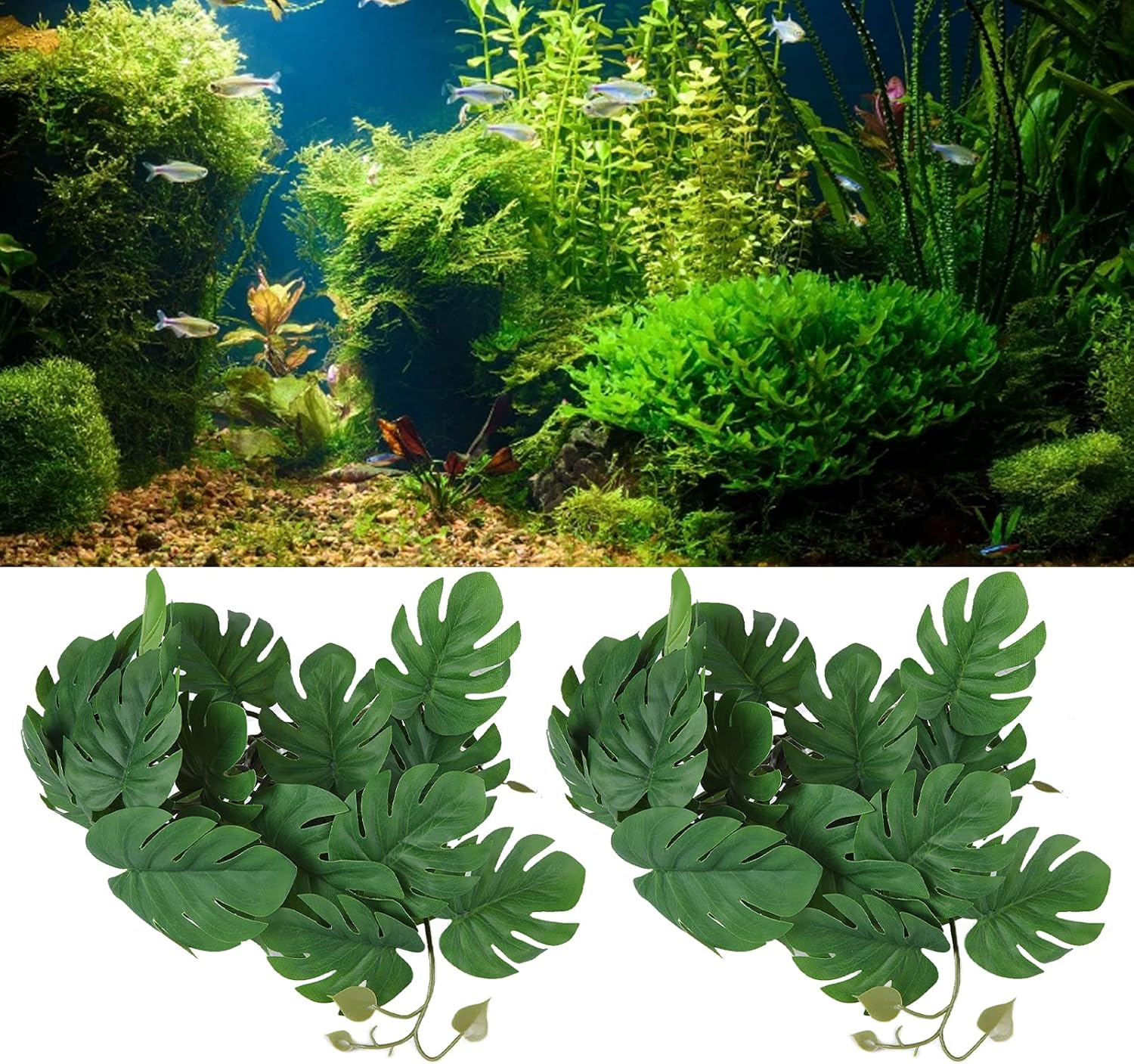 2 piezas de hojas de plástico realistas para decoración de peces, plantas de agua artificiales de simulación de vid con ventosa para terrarios de