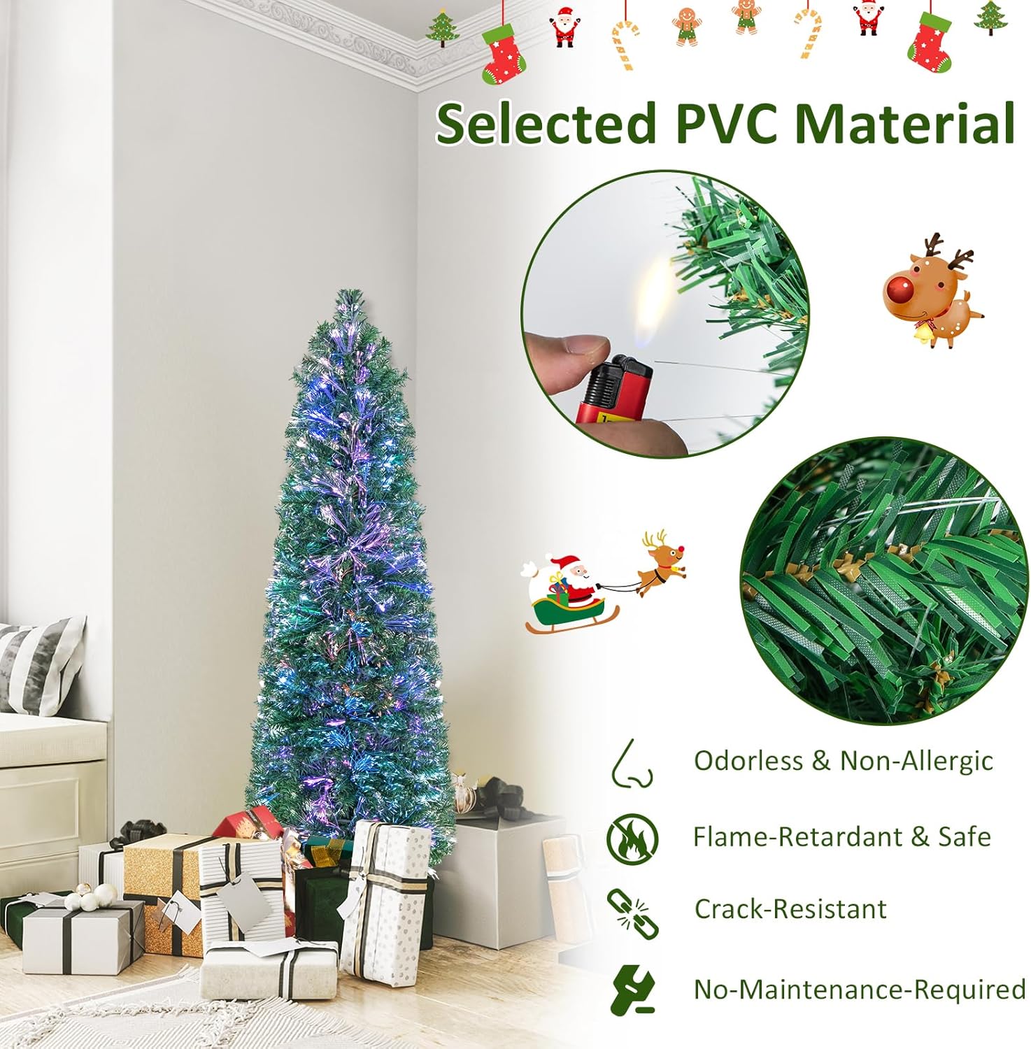 Goplus Árbol de Navidad de lápiz de fibra óptica de 5 pies, árbol de Navidad artificial delgado preiluminado con luces de colores, 361 puntas de