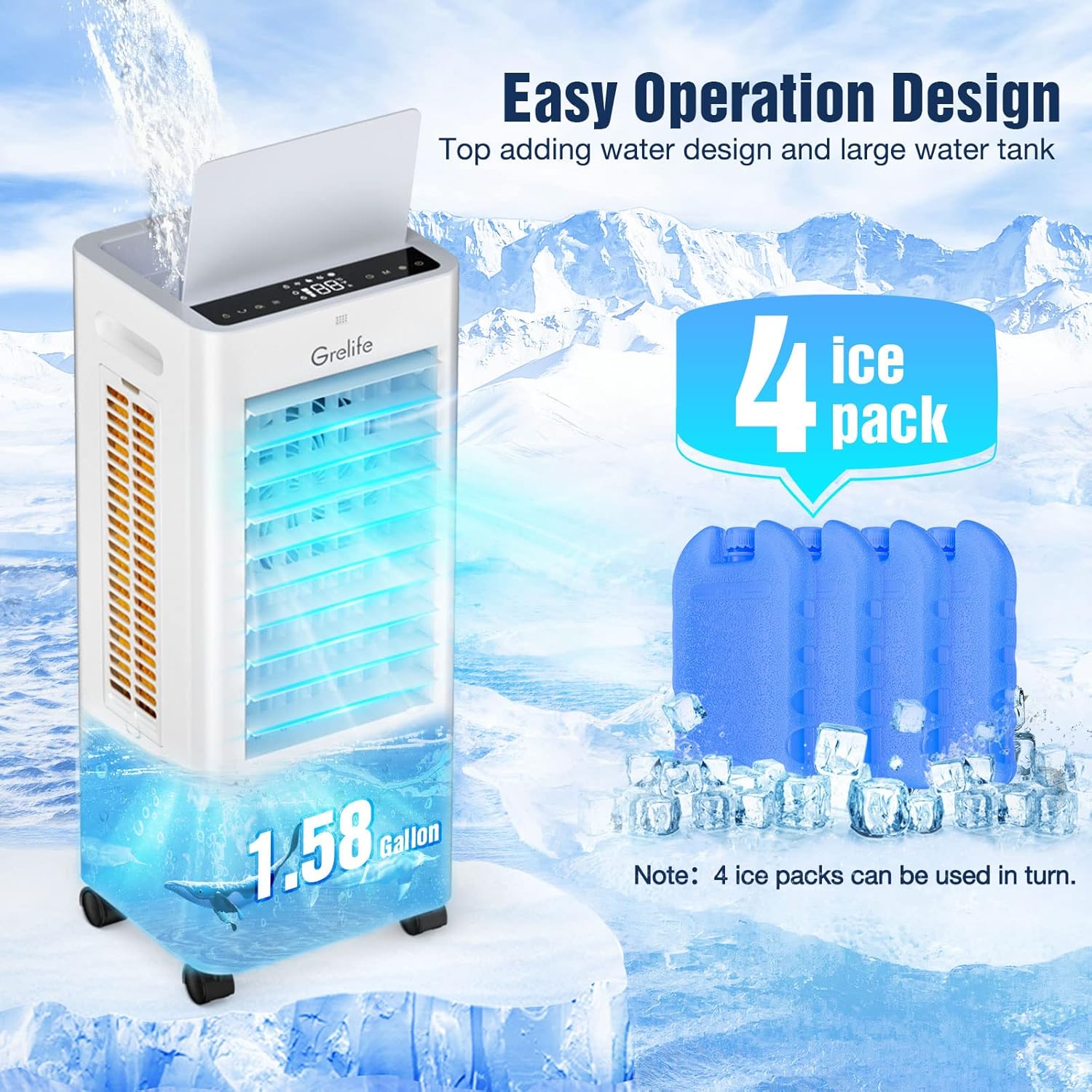 Grelife Enfriador de aire evaporativo portátil, ventilador de enfriamiento de aire 3 en 1 con control remoto, temporizador de 12 horas, 4 paquetes