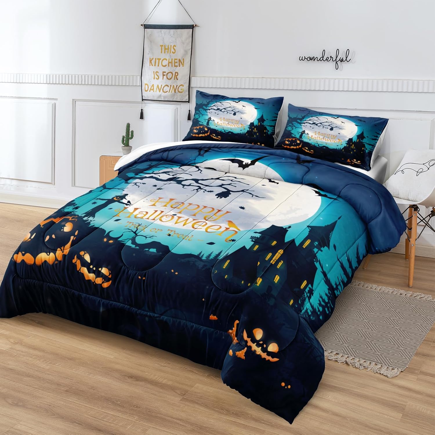 Herside Juego de edredón de Halloween con 2 fundas de almohada (azul, Queen)