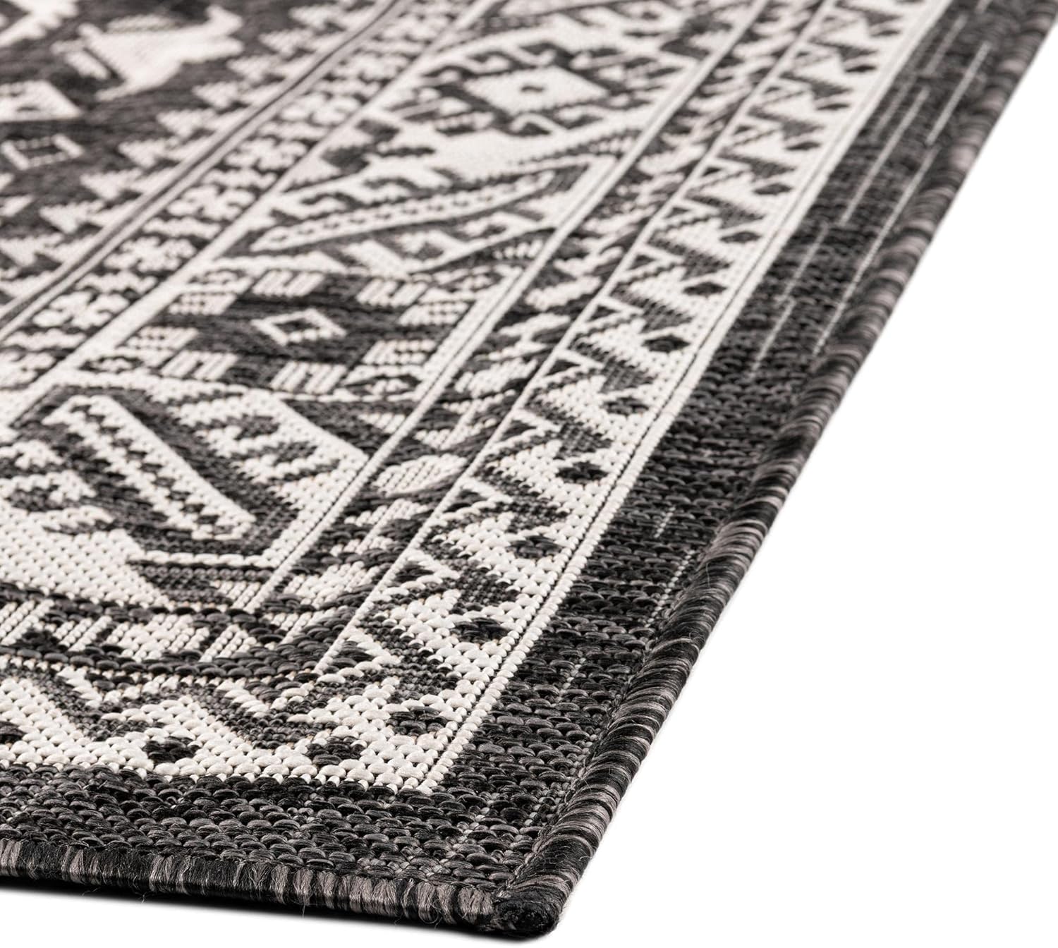 Rugs.com Outdoor Aztec Collection Alfombra  4 x 6 pies alfombra de tejido plano gris carbón perfecta para salas de estar, grandes comedores, planos
