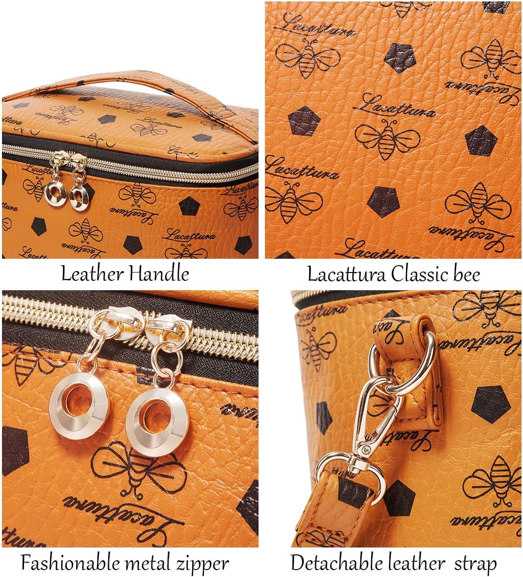 LACATTURA Bolsa de maquillaje de viaje para mujer, bolsa de cosméticos de cuero, Marrón-M, Classic