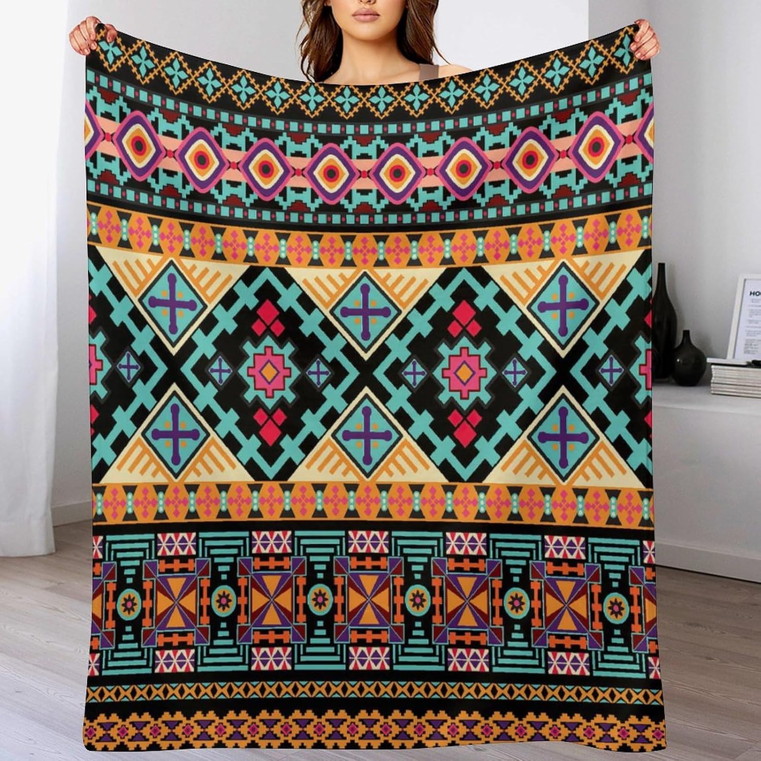 Manta azteca tribal del suroeste, manta de franela súper suave para cama y sofá (franela de 10.32 ozm), 50 x 70 pulgadas