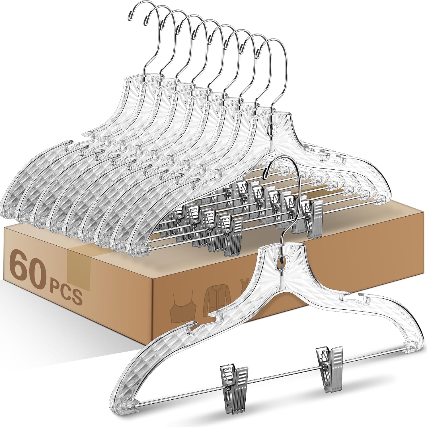Wesiti Paquete de 60 perchas transparentes para ropa a granel de 17 pulgadas, perchas de plástico con corte de cristal, perchas para abrigos,
