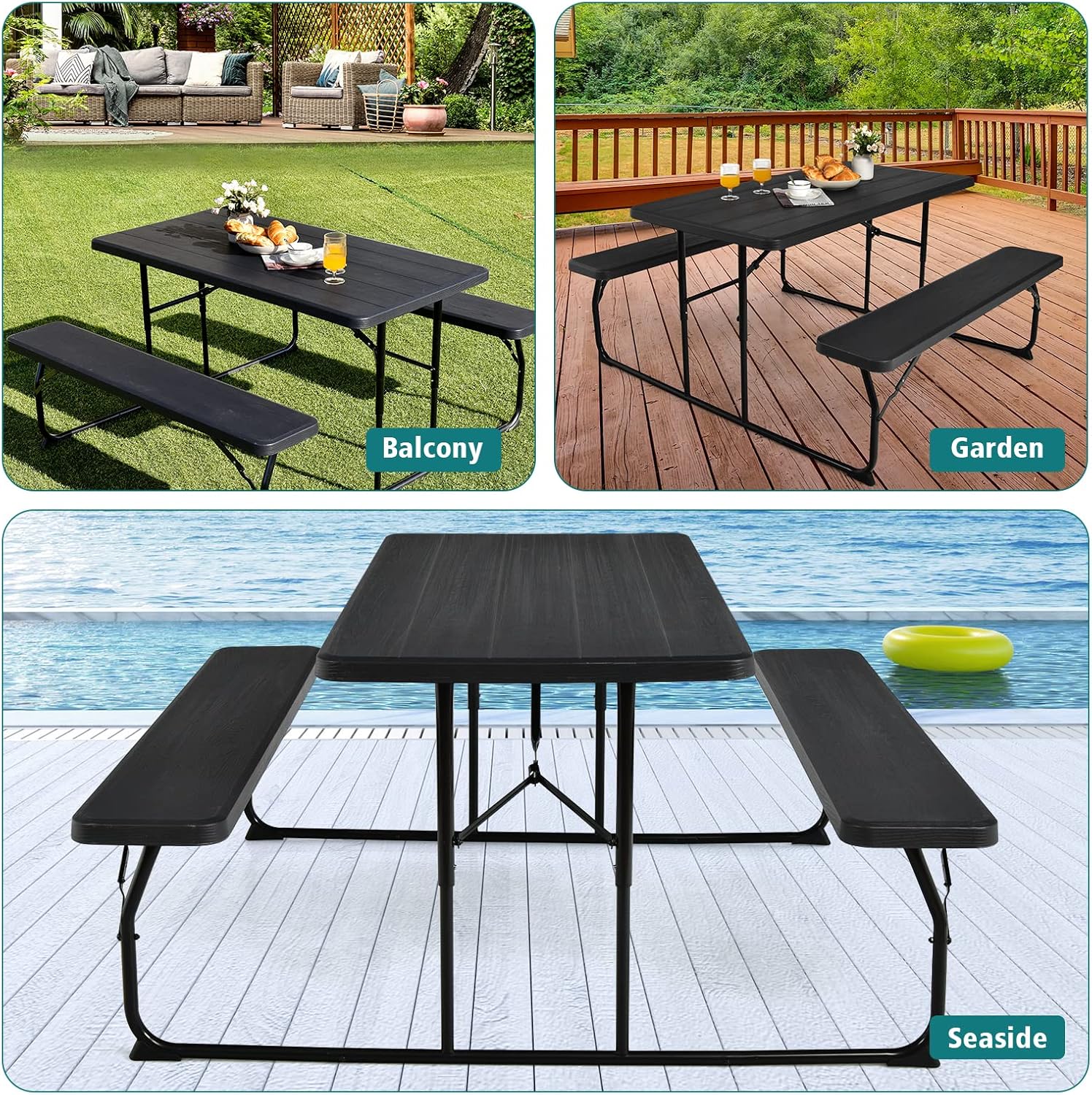 Safstar – Juego de banco de mesa de picnic plegable, mesa de picnic plegable con 2 bancos, mesa y banco para exteriores con marco de acero y mesa de