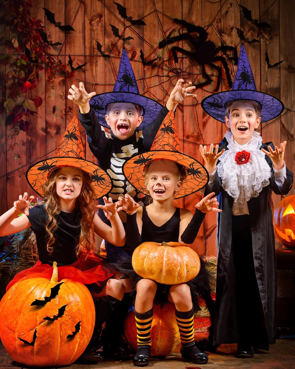 6 sombreros de bruja de Halloween con 60 calcomanías de murciélagos o arañas 3D, accesorio de disfraz de bruja para decoración de Halloween en