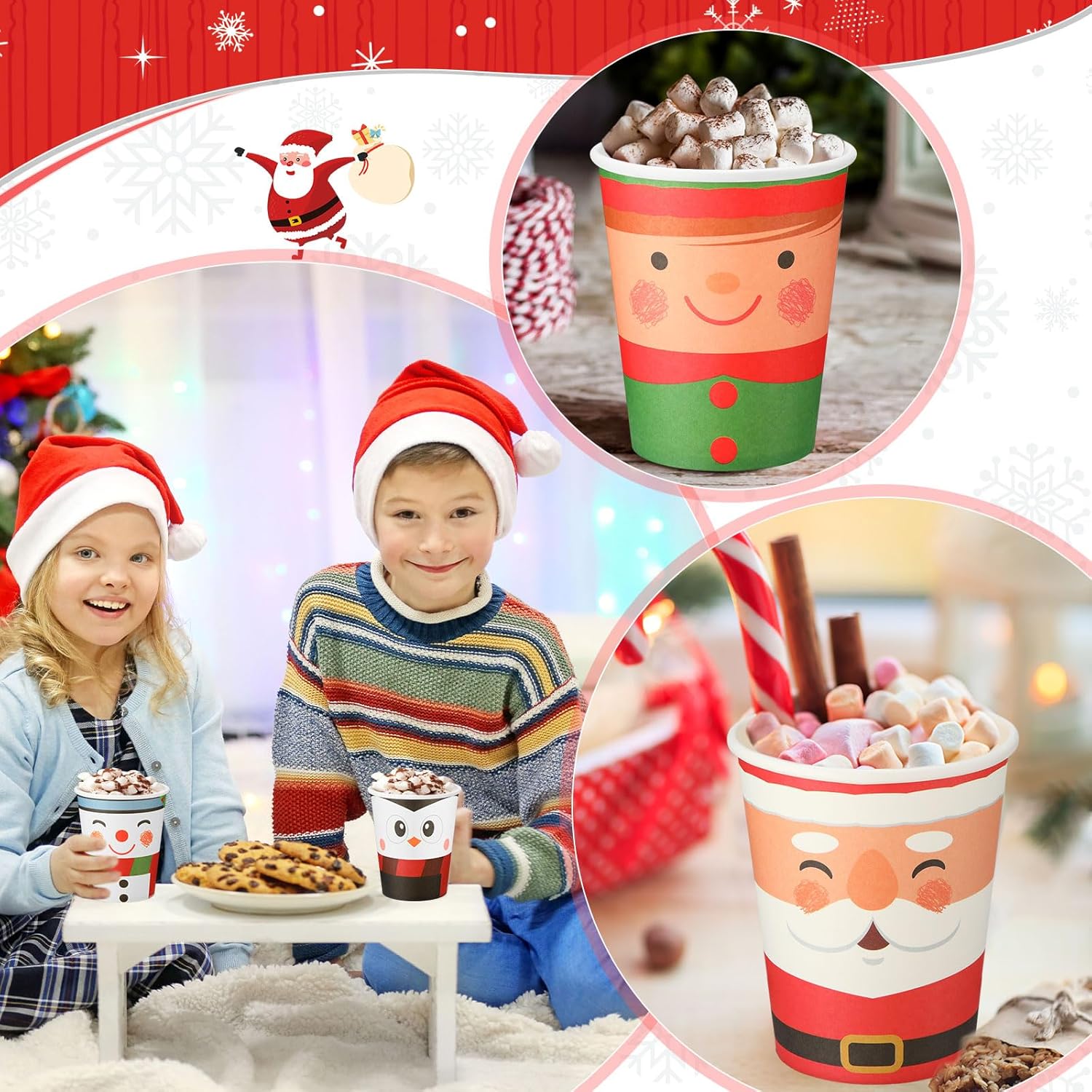 300 vasos de papel de Navidad desechables de 9 onzas, tazas de café de Navidad, tazas de café de Navidad, elfo, muñeco de nieve, tazas de Papá Noel,