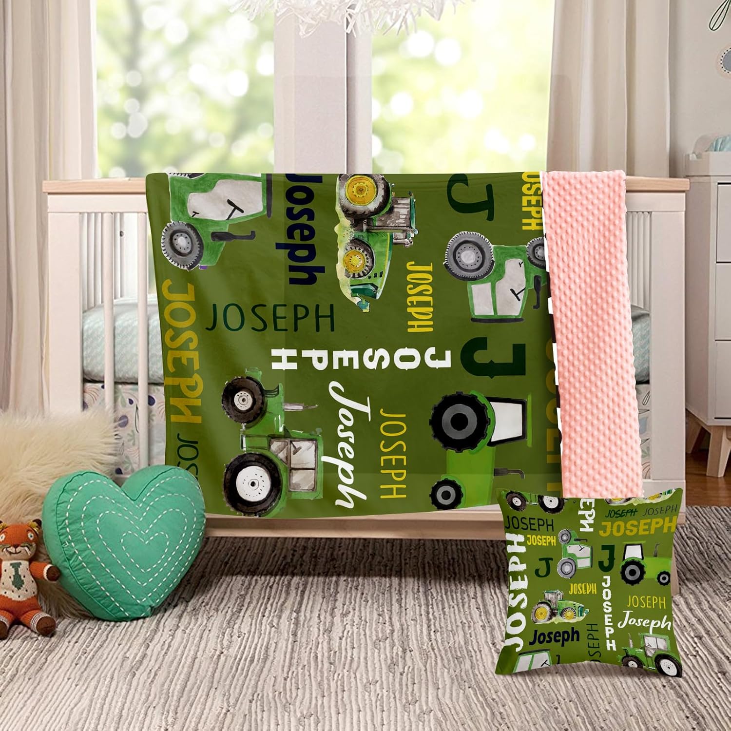 Mantas de tractor con nombre personalizado, mantas de bebé de felpa suave para niños con patrón de tractor impreso y puntos elevados relajantes,