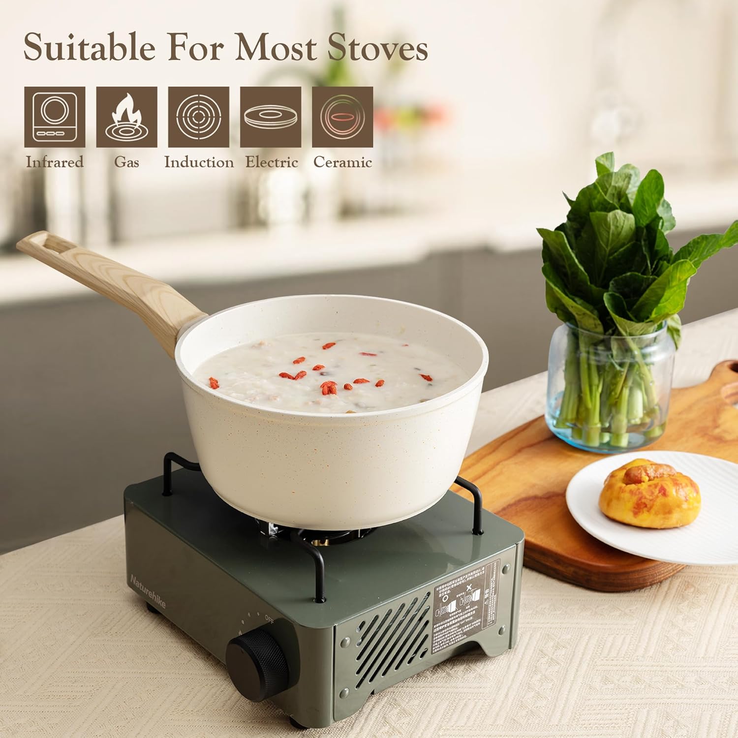 HAFMOOBEY Juego de ollas y sartenes antiadherentes, 21 piezas de utensilios de cocina de inducción de granito beige con sartenes, cacerola y ollas