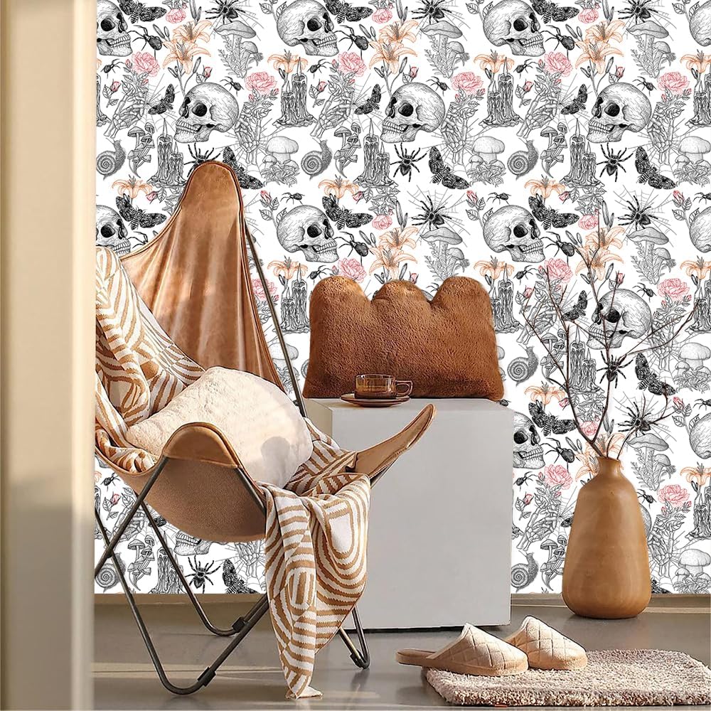BEETAL Papel tapiz autoadhesivo con diseño de hongos y calavera en blanco y negro, papel de contacto moderno para despegar y despegar, autoadhesivo,