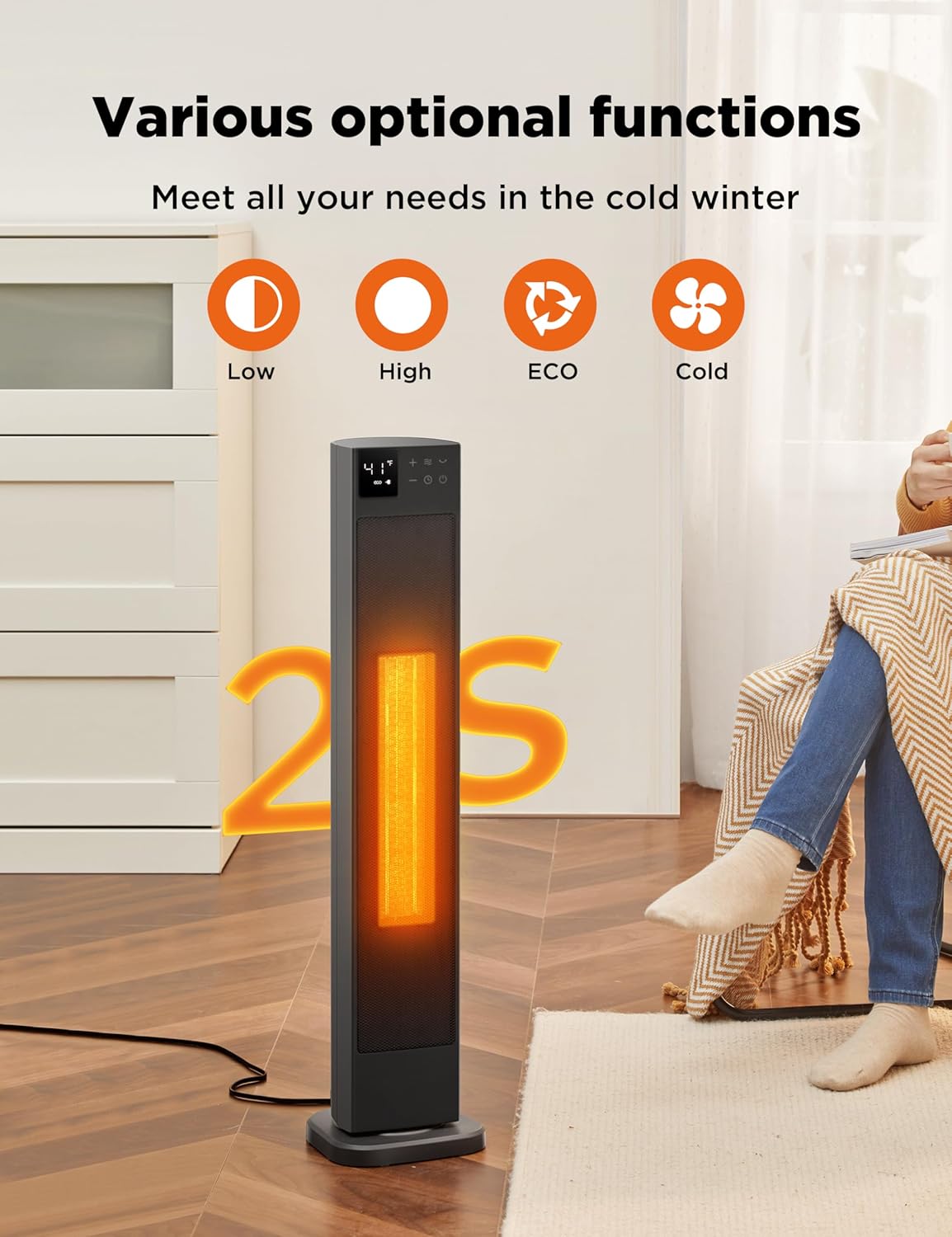 PELONIS Calentador de espacio de torre de cerámica de 30 pulgadas con termostato ajustable para habitaciones grandes, oscilación de 75, control