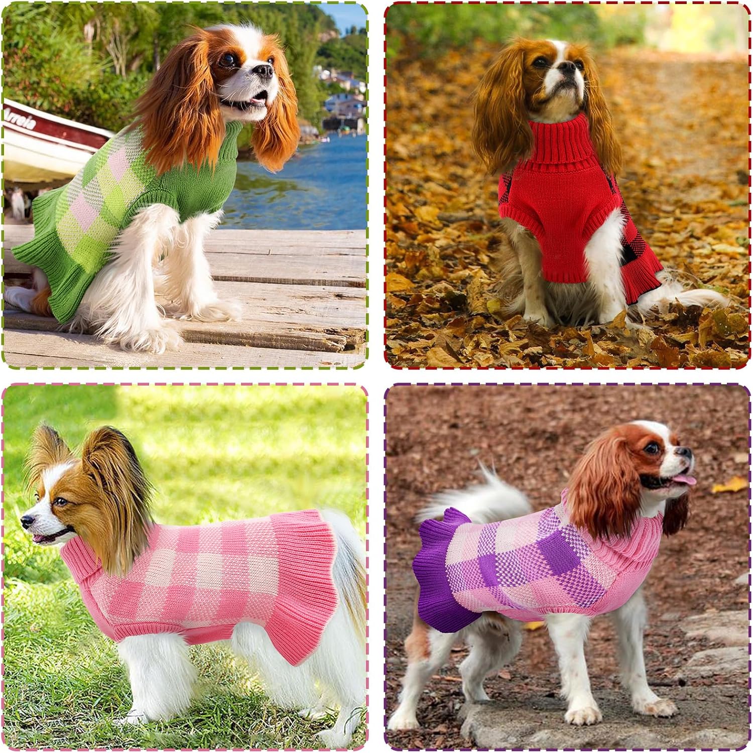 Vestido suéter para perro, ropa de punto a cuadros para perros pequeños y medianos, cálido, cuello alto, elástico, lindo chaleco de otoño e