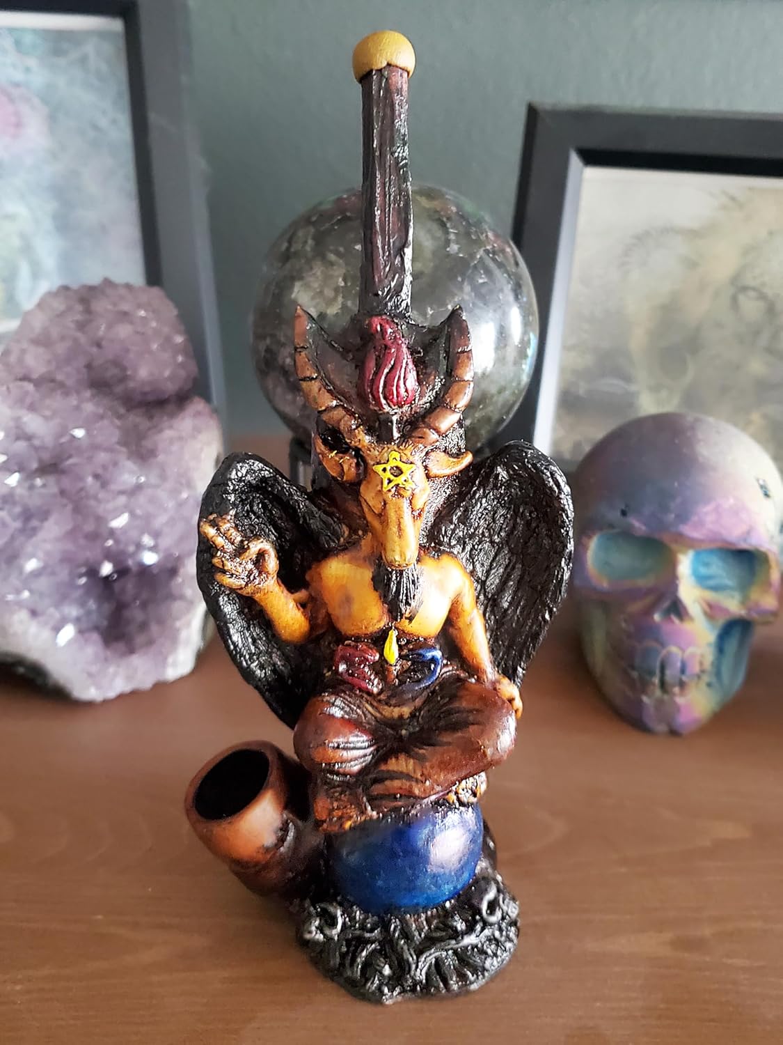 Baphomet – Figura de cabra sabática hecha a mano, arte satánico, cuenco de coco natural, regalos ocultos espirituales para fumadores