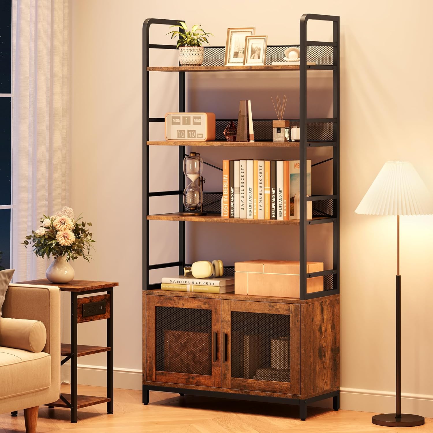 IDEALHOUSE Estantería industrial con puertas con 4 niveles, estante de almacenamiento abierto, estantes rústicos de 70.87 pulgadas de alto, estante