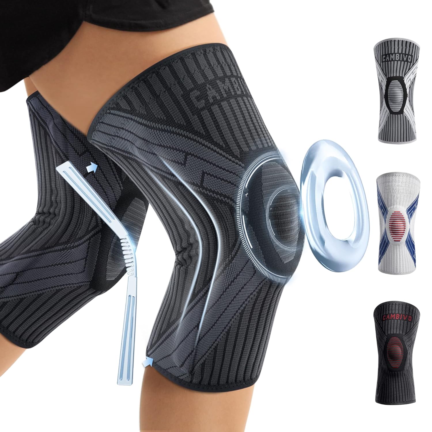 CAMBIVO Paquete de 2 rodilleras con estabilizadores laterales y almohadilla de gel para rótula para mujeres y hombres, soporte de rodilla para