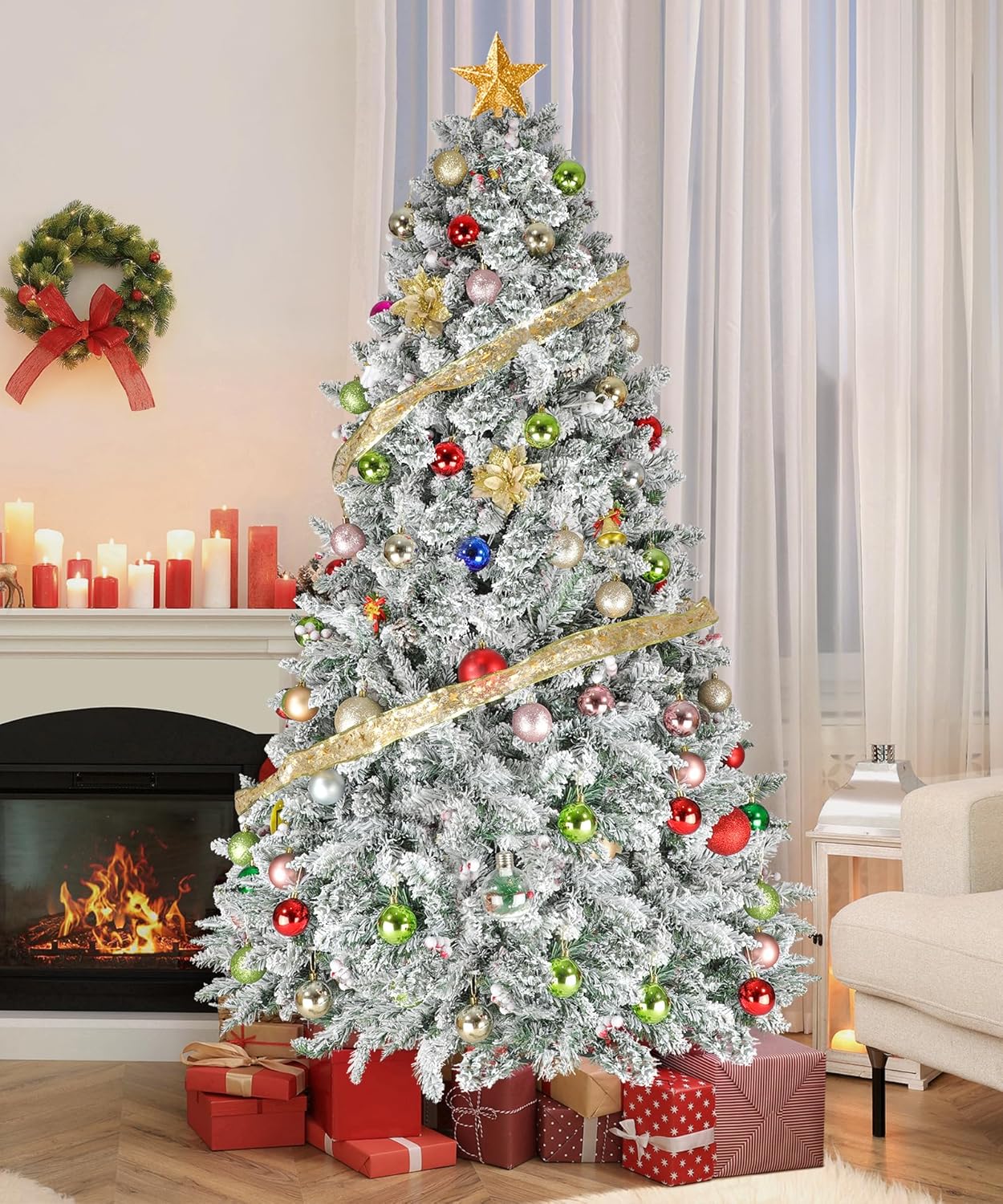 BROVIEW Árbol de Navidad flocado de 6.5 pies, árboles de Navidad artificiales predecorados con 1100 puntas de rama, 58 bayas, soporte plegable de
