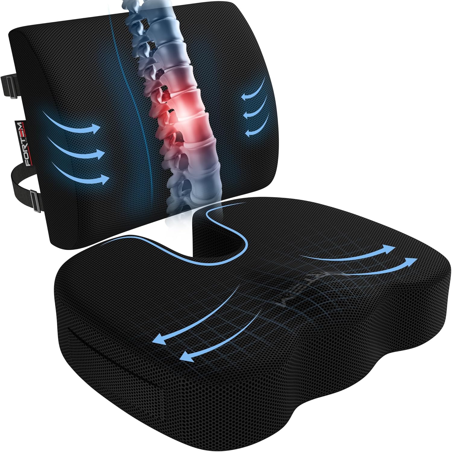 FORTEM Cojín para silla, cojín de asiento para oficina, soporte lumbar para silla, soporte de espalda de espuma viscoelástica funda lavable, XL