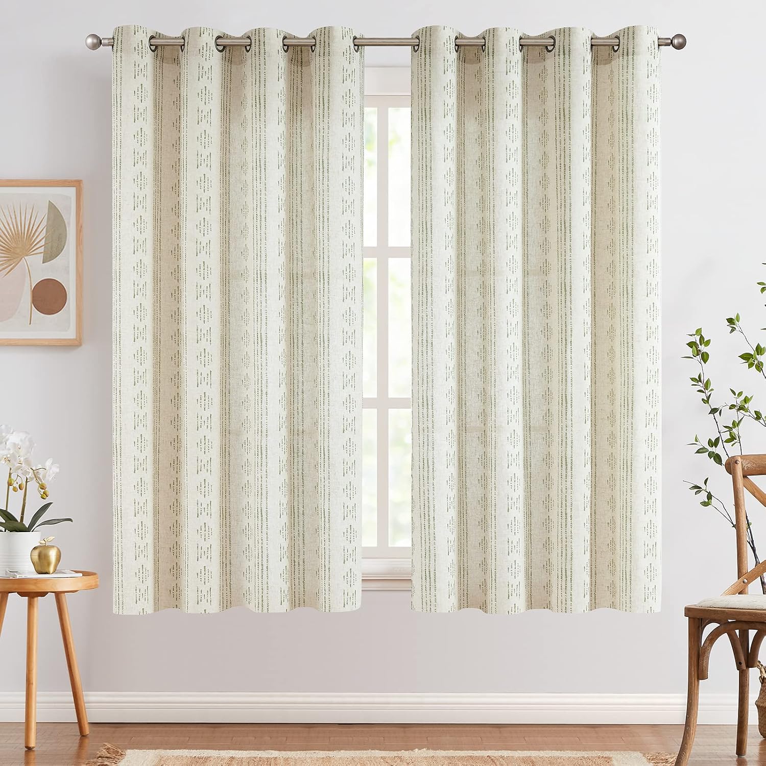 JINCHAN Cortinas bohemias de lino para sala de estar, 63 pulgadas de largo, patrón geométrico a rayas, filtrante de luz, cortinas con ojales, 2