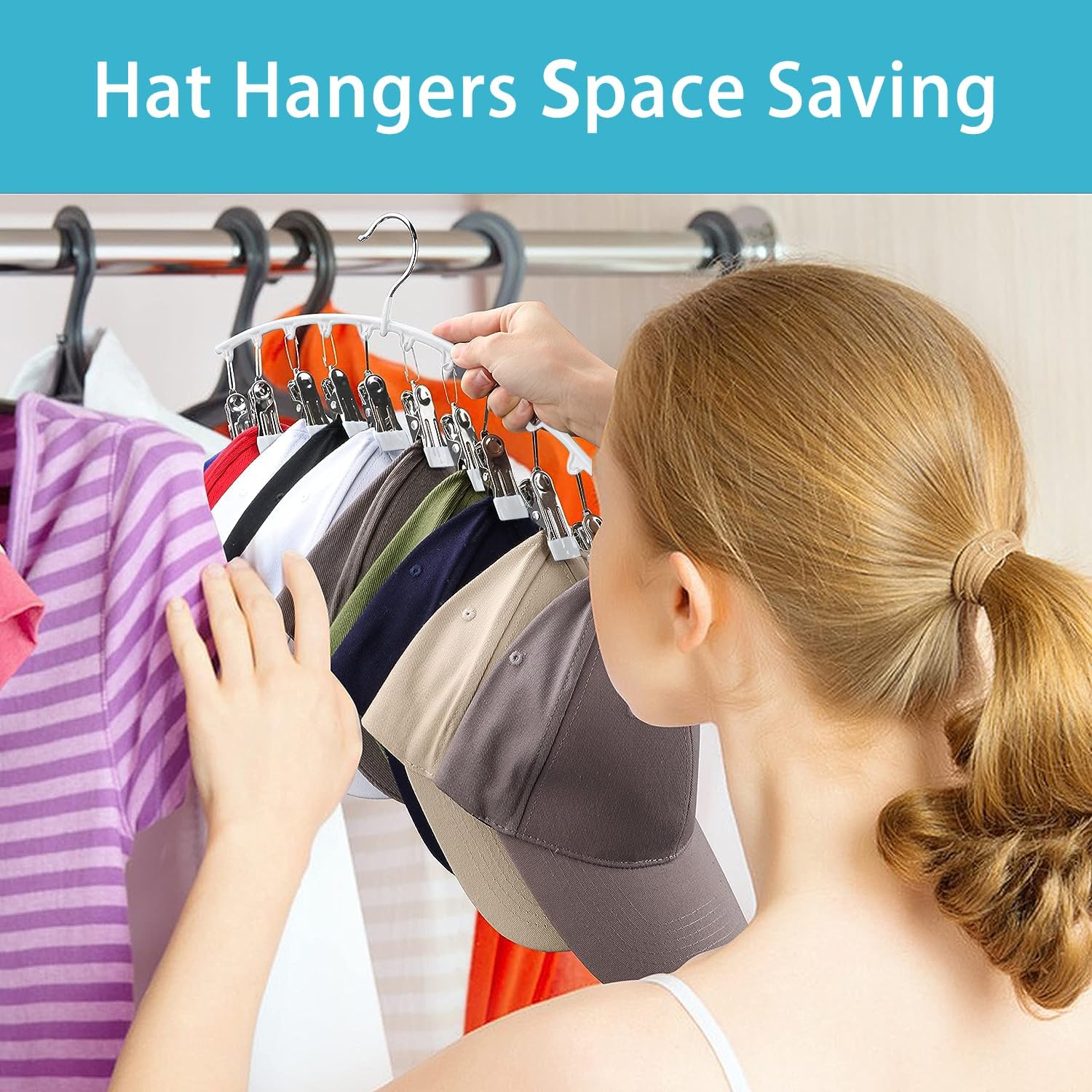 Hat Racks for Closet, Metal Hat Organizer Racks for Baseball Caps 2 Pack Door Hat Racks for Baseball Caps with 10 Large Clips, Baseball Hat Holder