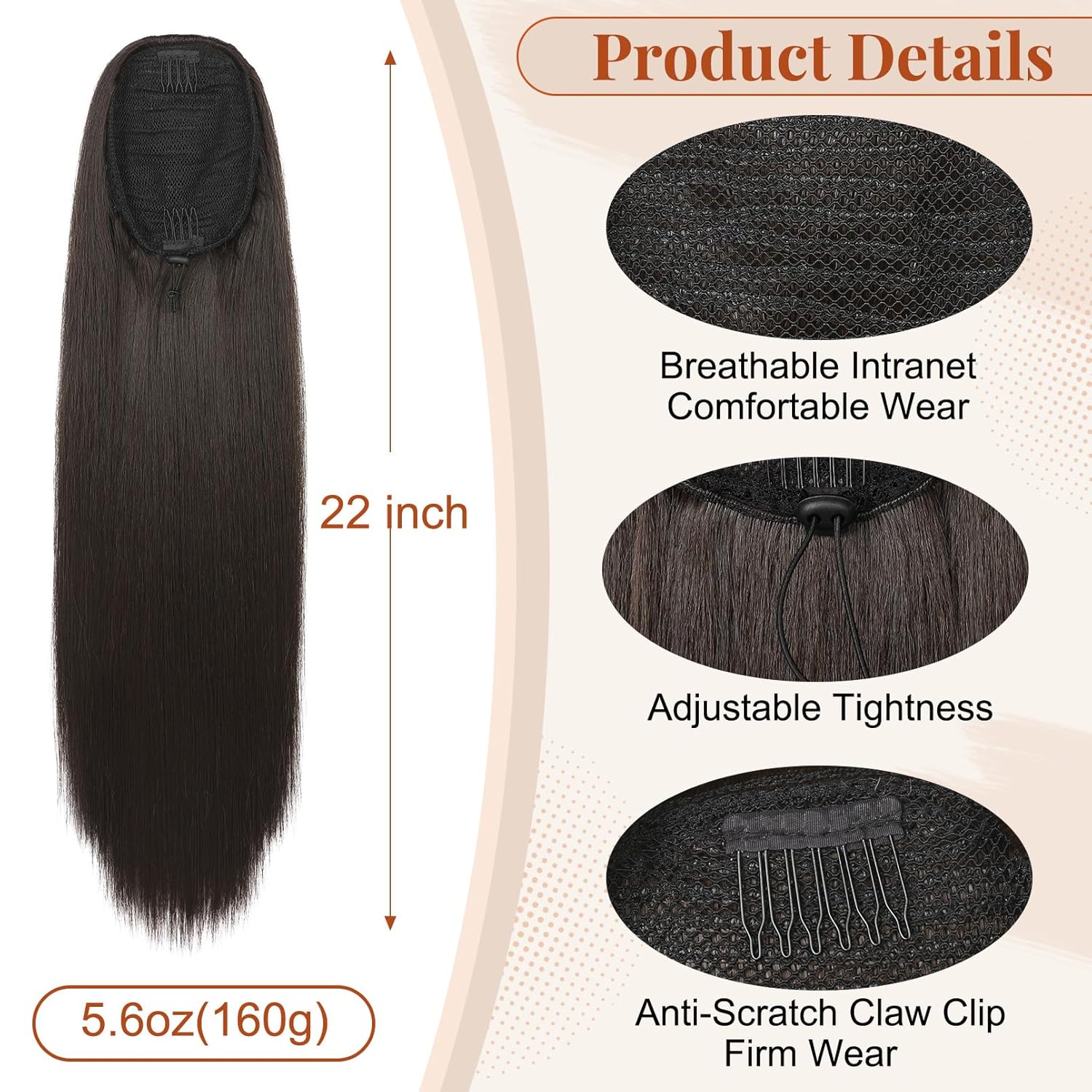 FLUFYMOOZ Extensión de cola de caballo, cola de caballo recta de 22 pulgadas de largo, cola de caballo sintética, cola de caballo falsa, extensiones