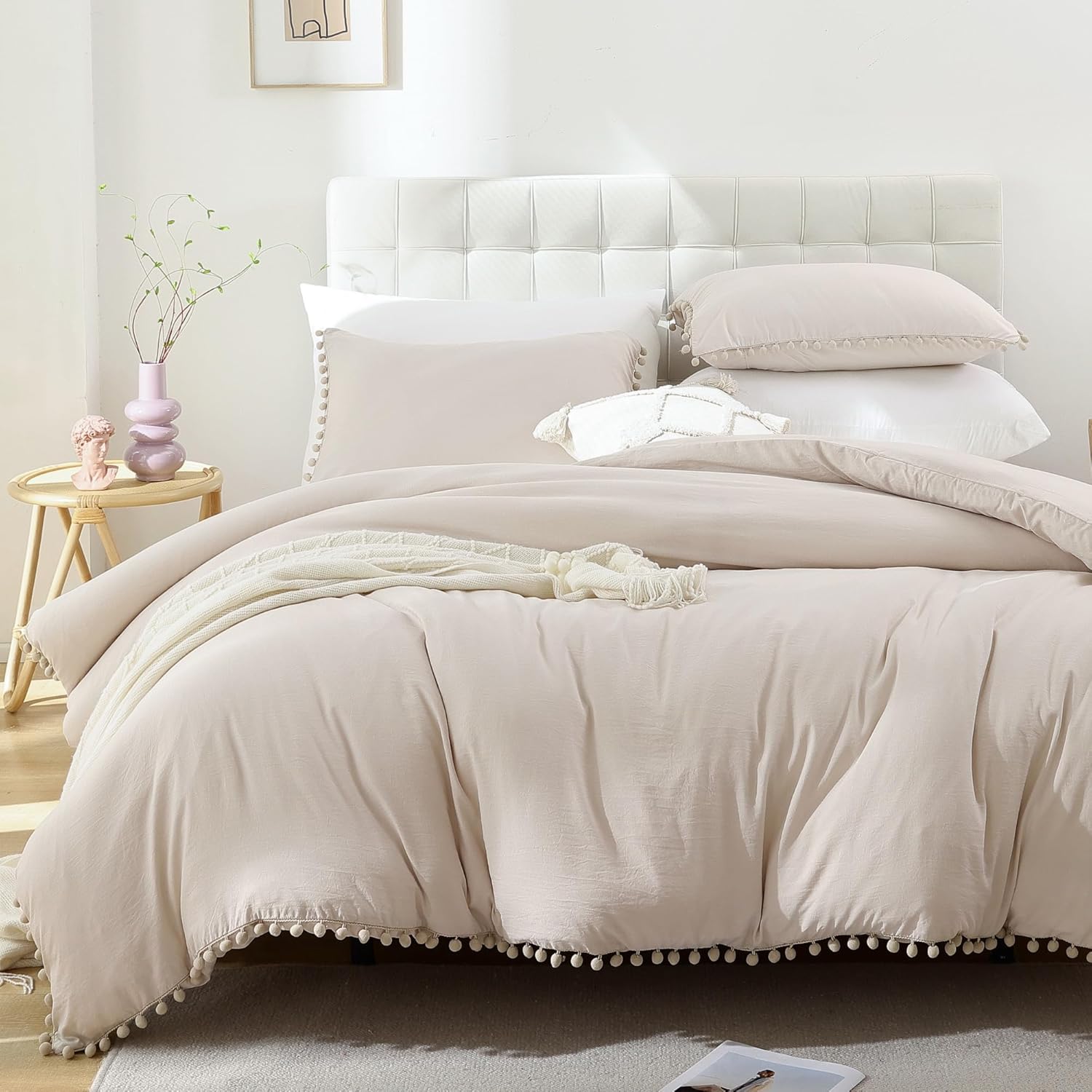 Smoofy Juego de edredón beige tamaño King con flecos y pompones, juego de ropa de cama de 3 piezas suave y cálido vintage con pompones (1 edredón