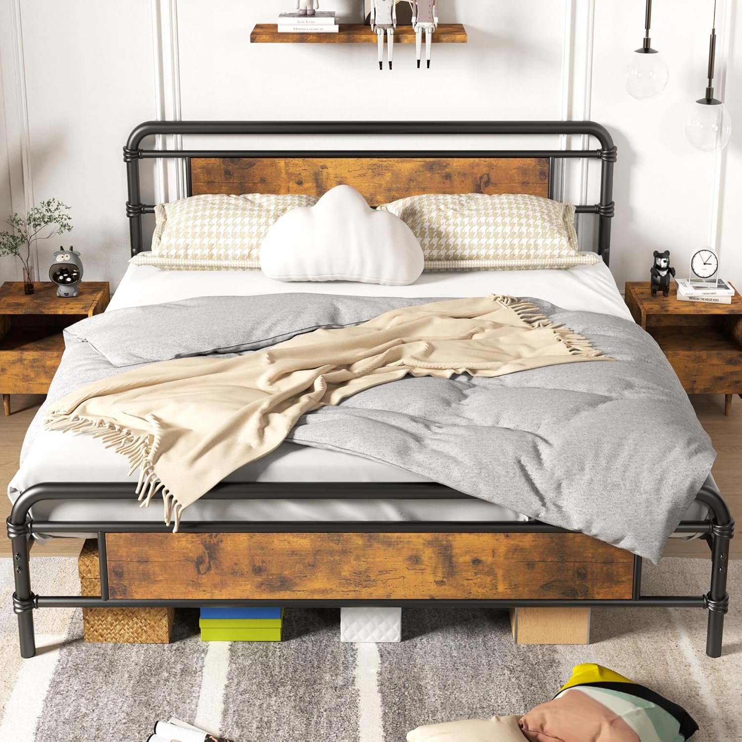 Base de cama King con cabecero, base de cama de plataforma pesada con base de metal fuerte, fácil montaje, no necesita somier, marrón vintage