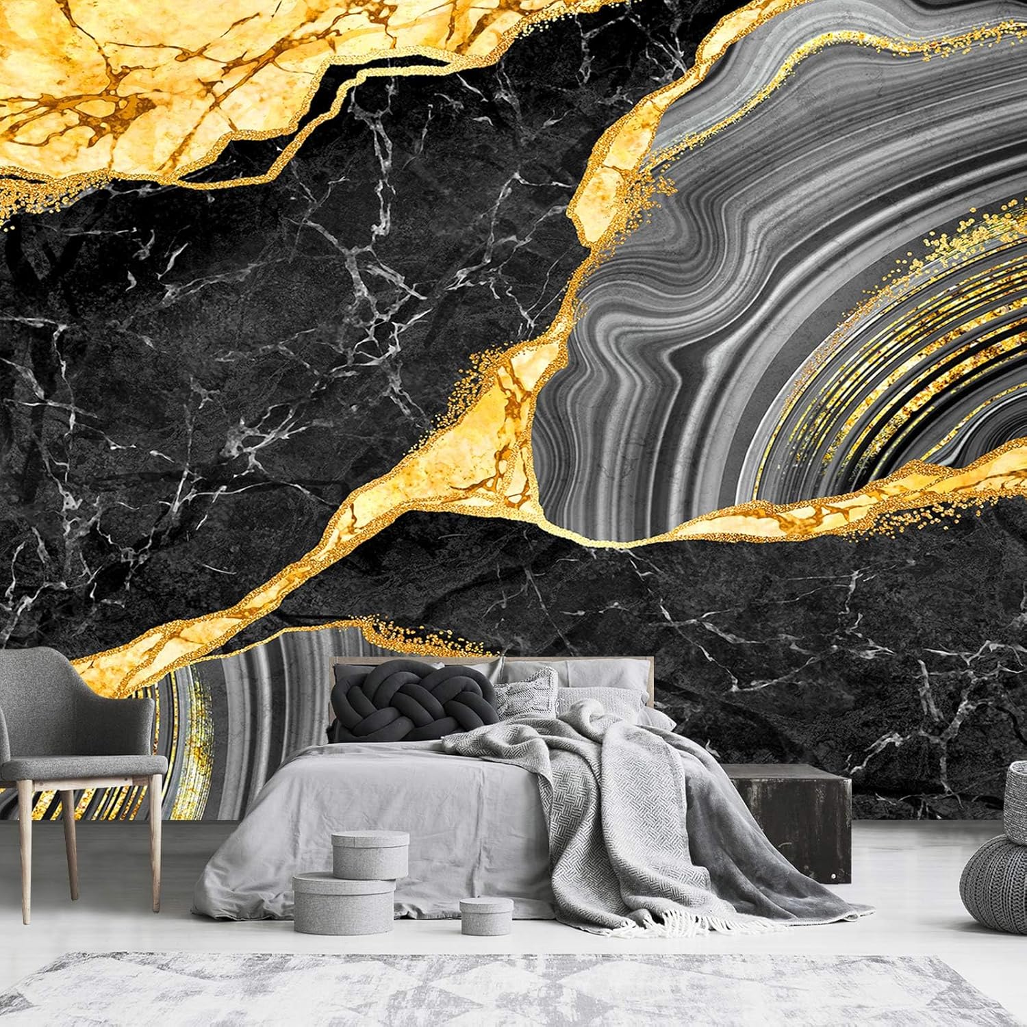 Papel tapiz de mármol negro y dorado para decoración de dormitorio (no despegar ni pegar)