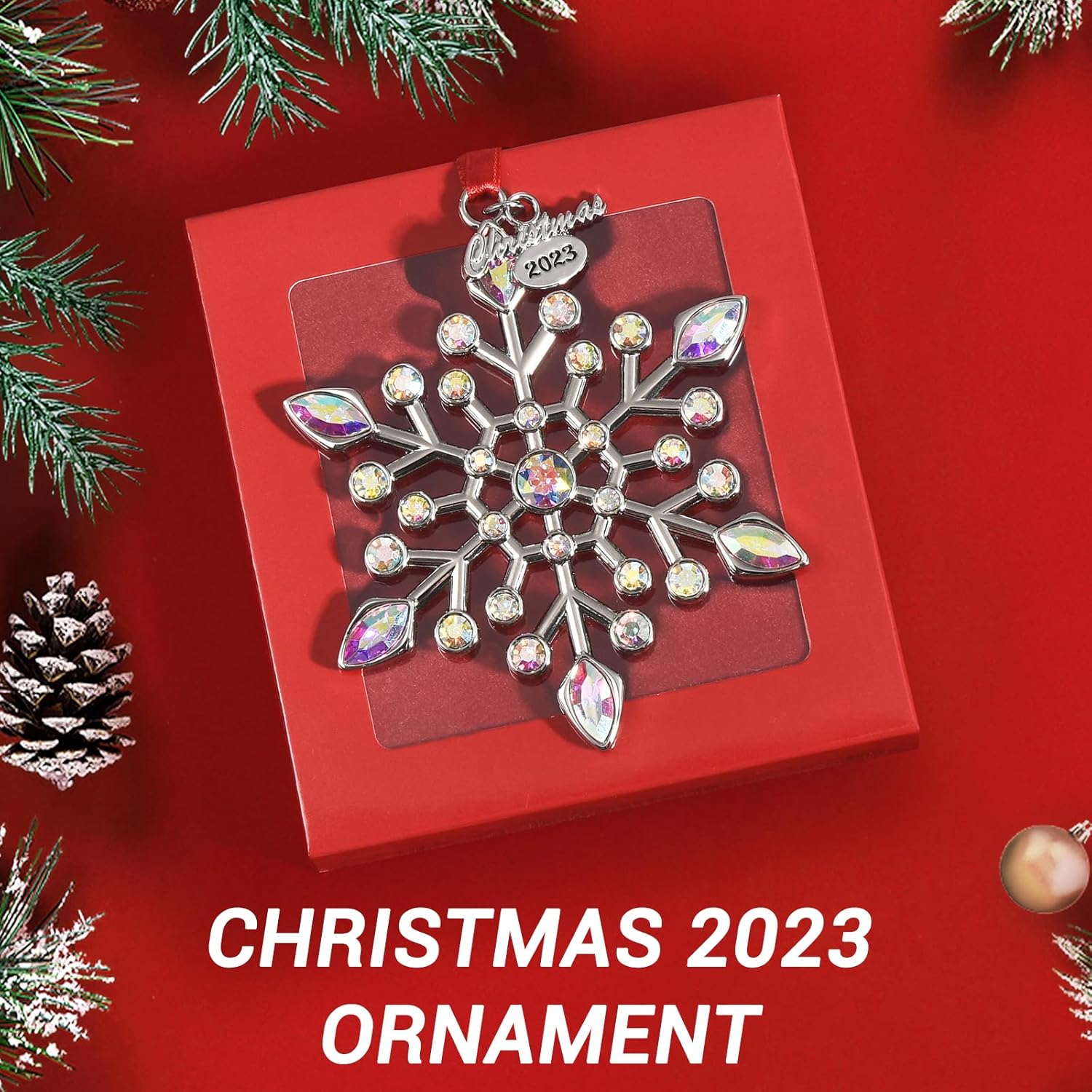 Venhoo Adornos navideños de copo de nieve 2023, diamantes de imitación metálicos colgantes con purpurina, copos de nieve, decoración de árbol de