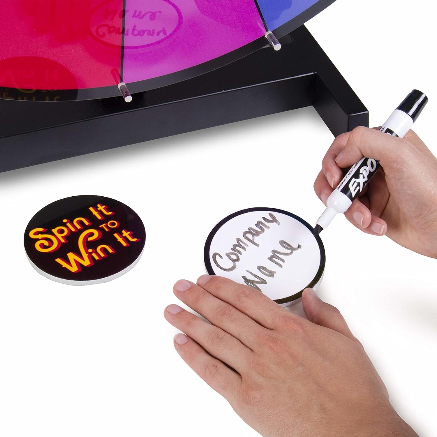 Brybelly Spin it to Win It – Rueda de premio jumbo, 24 pulgadas, 14 ranuras coloridas, botón personalizable, velocidad de giro ajustable, ruedas de