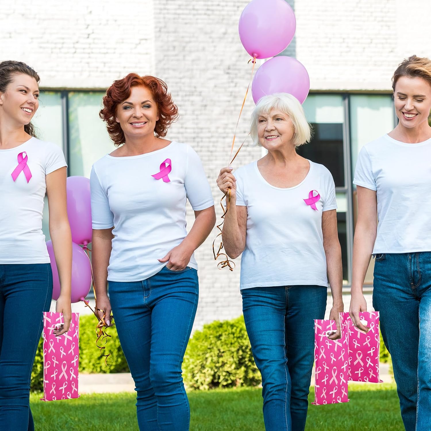 Whaline 72 bolsas de regalo para concientización sobre el cáncer de mama, bolsas de regalo de cinta rosa, bolsas de plástico para dulces, bolsas de