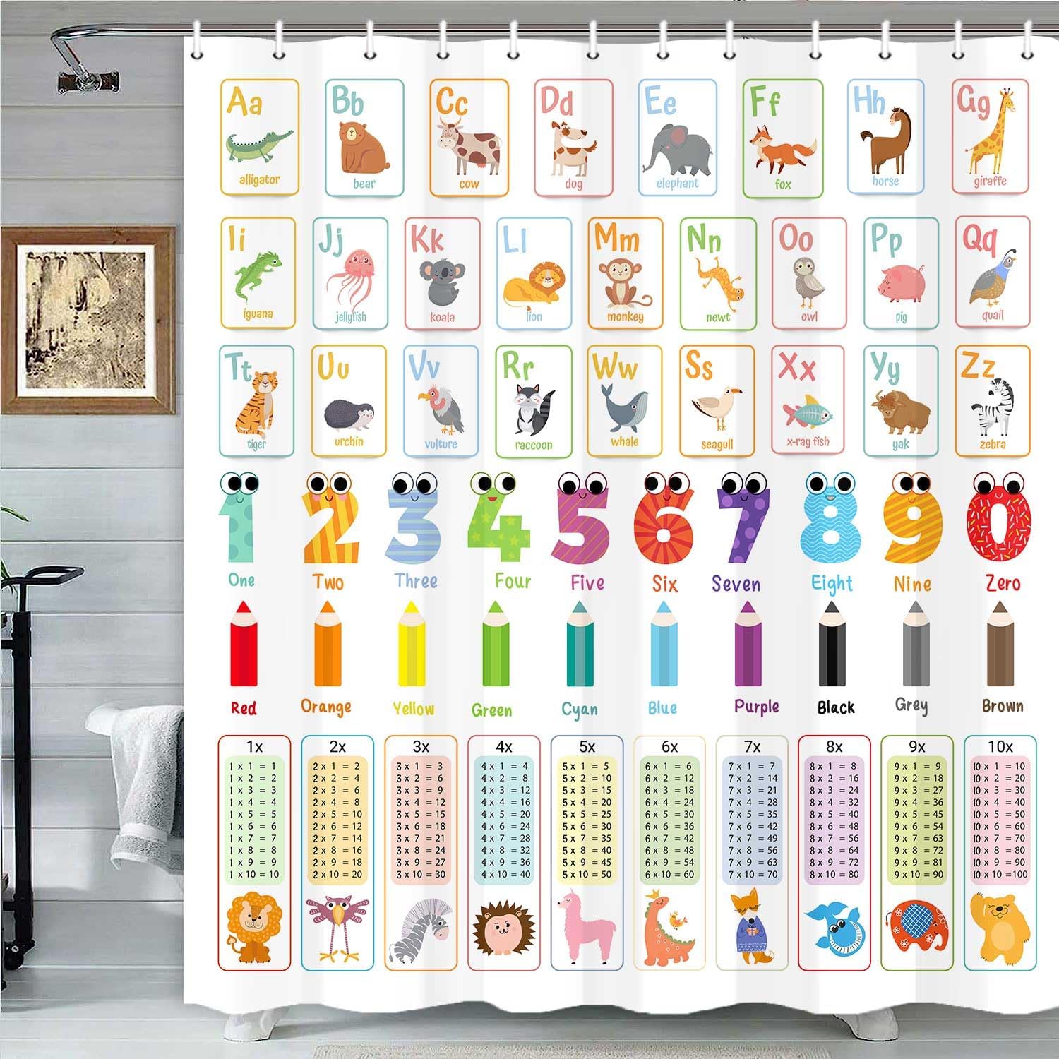 Cortina de ducha de aprendizaje del alfabeto ABC para niños, mesa de multiplicación de animales de dibujos animados, decoración de estilo educativo,
