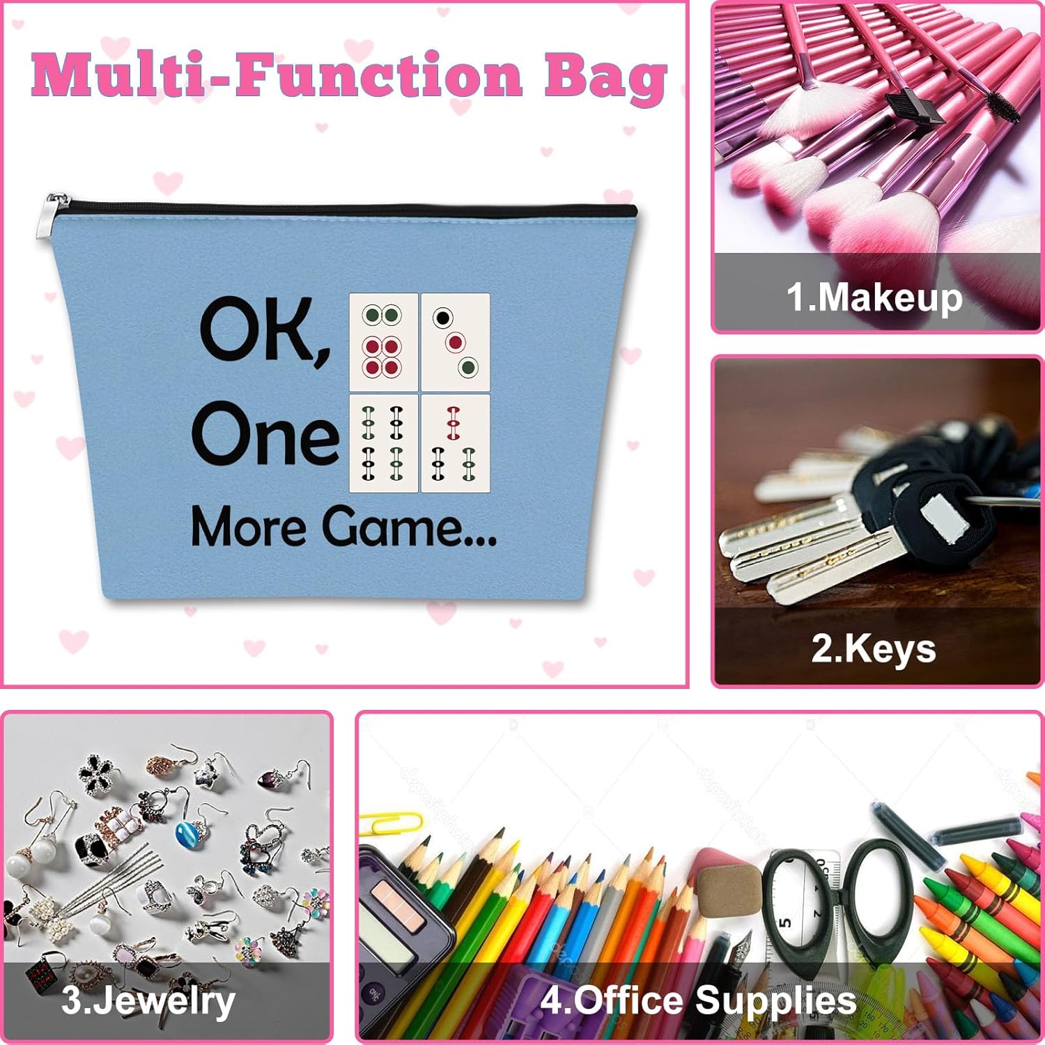 2 unids Mahjong amante regalo maquillaje bolsa Mahjong jugador regalo Mahjong niñas bolsa de cosméticos, Azul y beige.