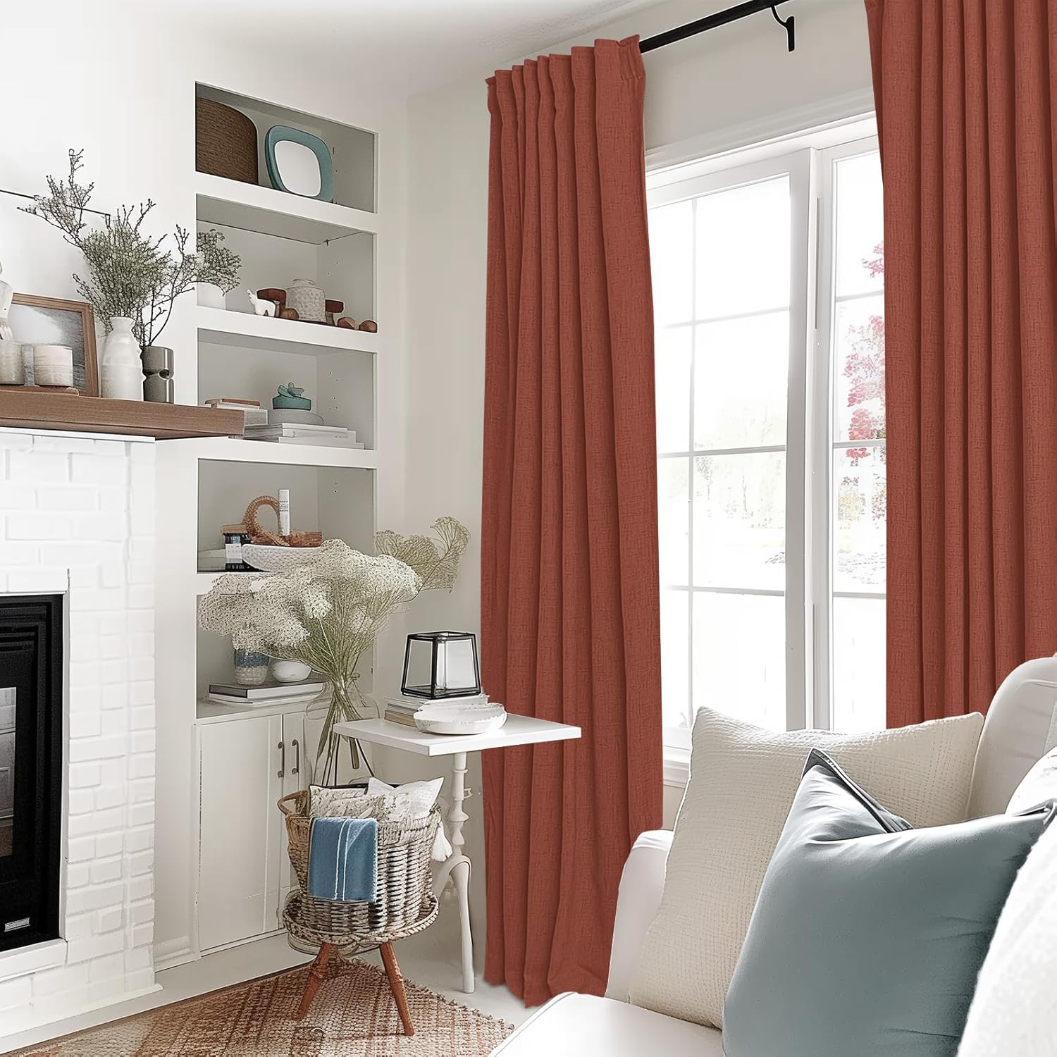 INOVADAY Cortinas 100% opacas para dormitorio de 108 pulgadas de largo, juego de 2 paneles de cortinas opacas de lino, con pestaña trasera, bolsillo