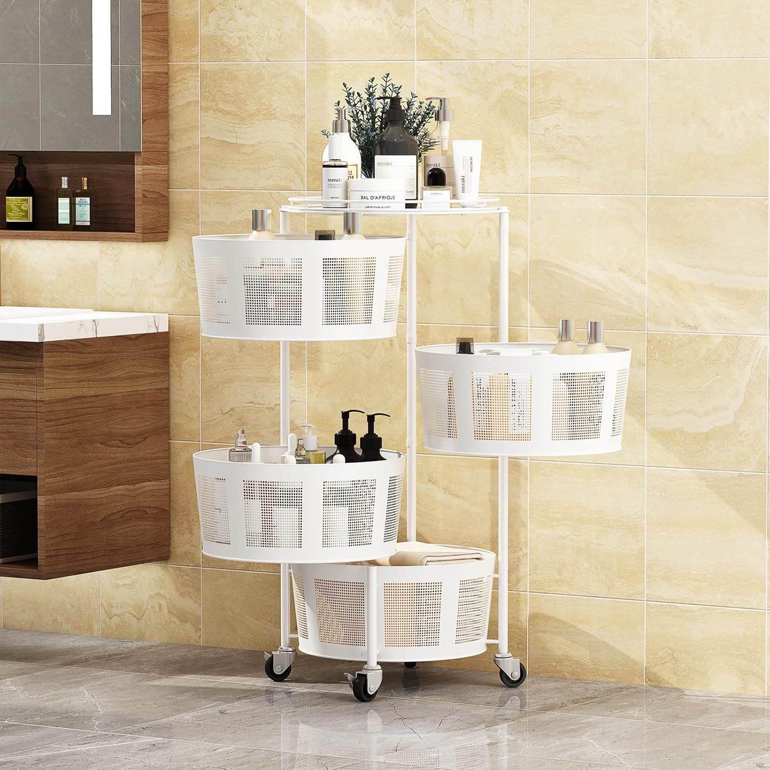 STYLIFING Cesta de frutas y verduras para cocina, estante giratorio de 4 niveles con ruedas con bloqueo, carrito de almacenamiento para el hogar,