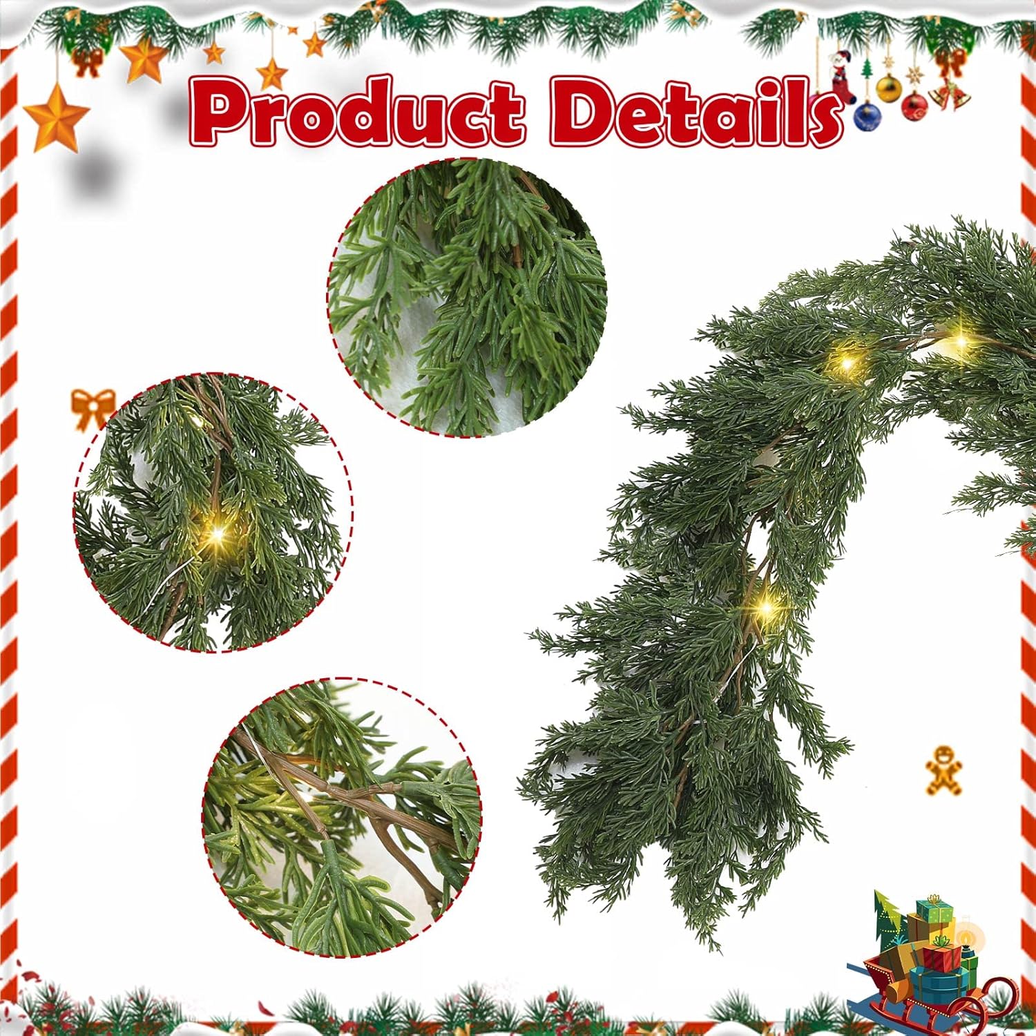 Paquete de 2 guirnaldas LED de cedro de Navidad, enredaderas artificiales de ciprés de pino con guirnalda ligera de Navidad con luces para mesa de