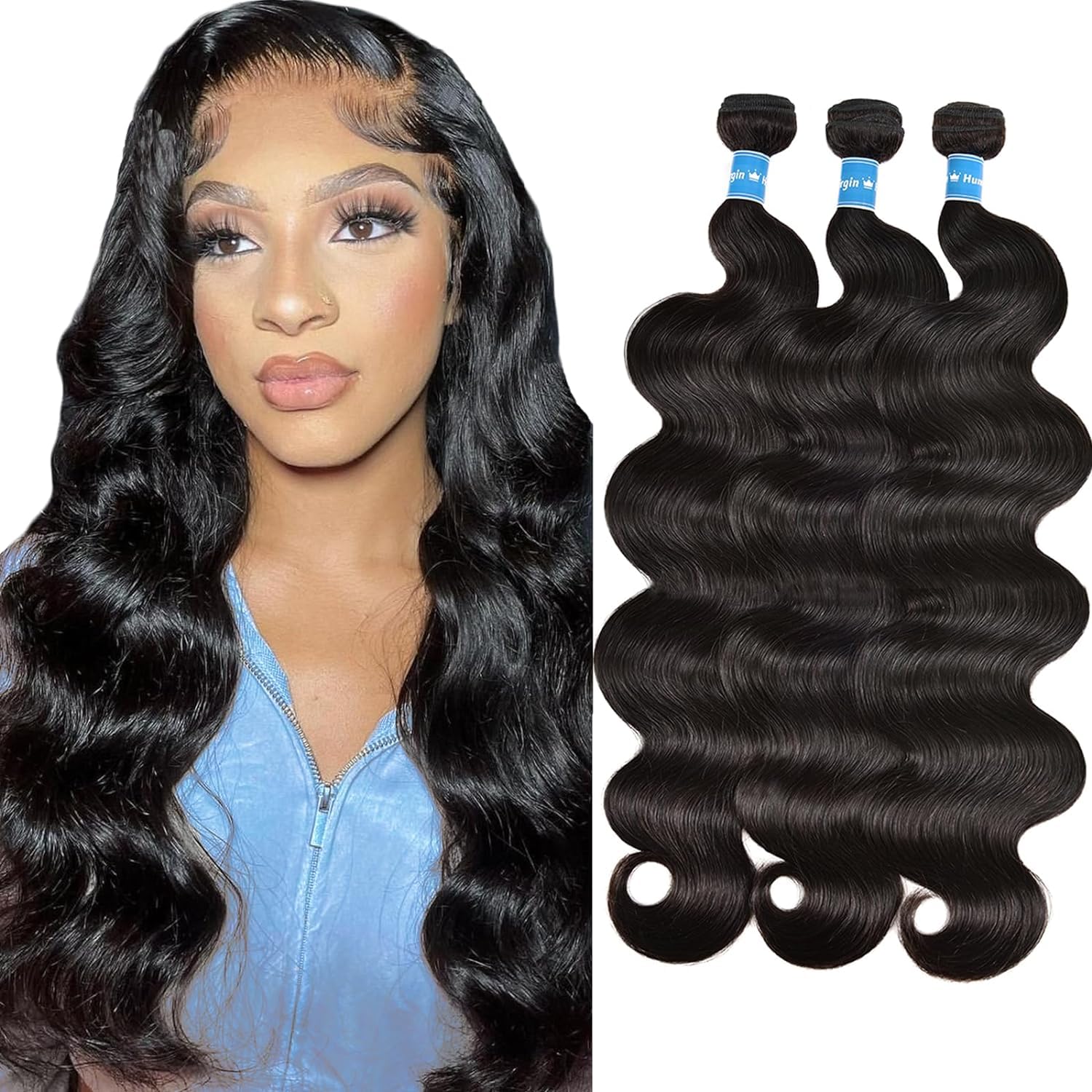 3 manojos de cabello humano ondulado (16, 18, 20 pulgadas), cabello virgen brasileño Remy grado 10A, tejido negro húmedo y ondulado, doble trama,