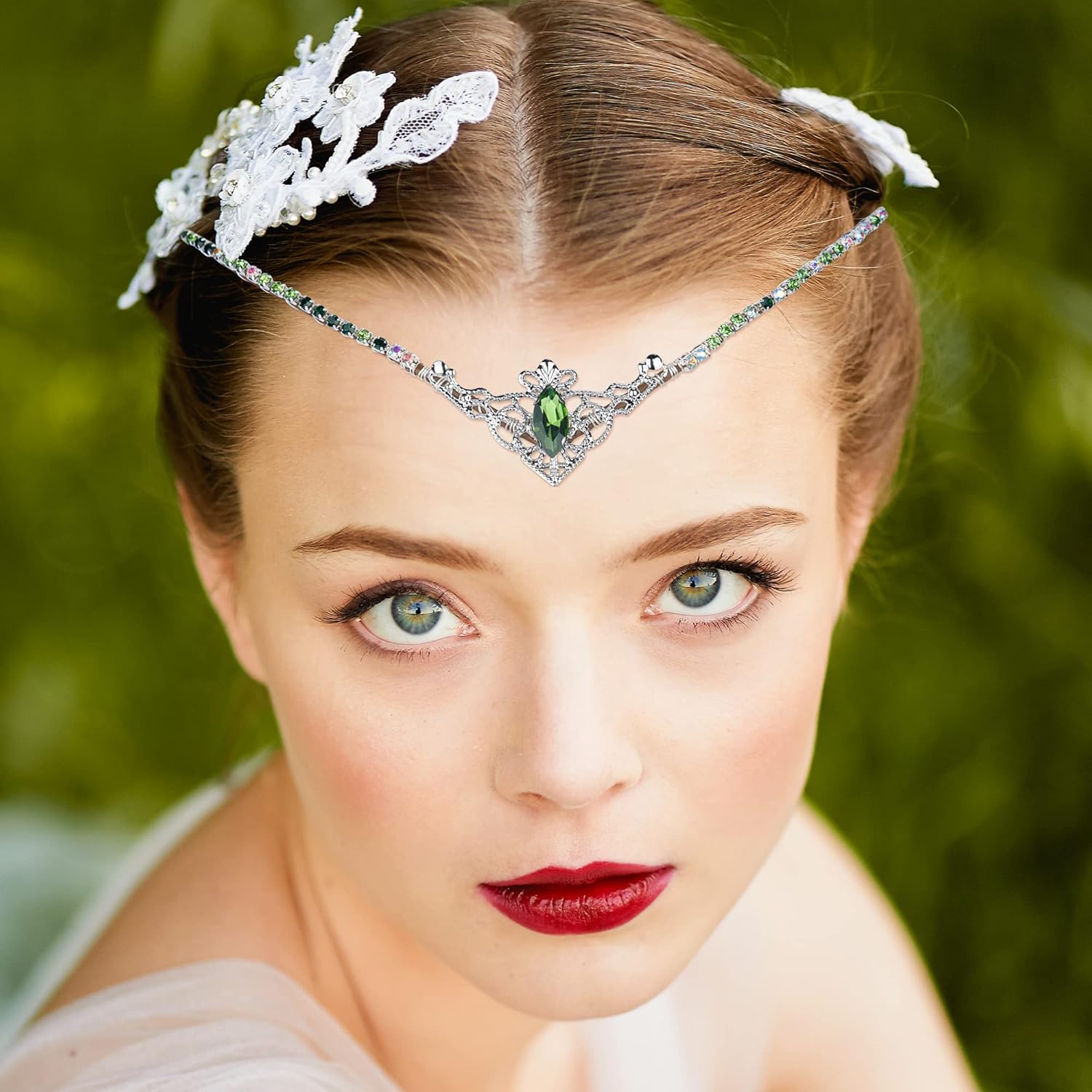 MOSTORY Handmade Green Crystal Tiara for Princess Wedding Rhinestone Fairy Crown Headband for Bridal Shower V-shape Woodland Elf Headpiece for Women