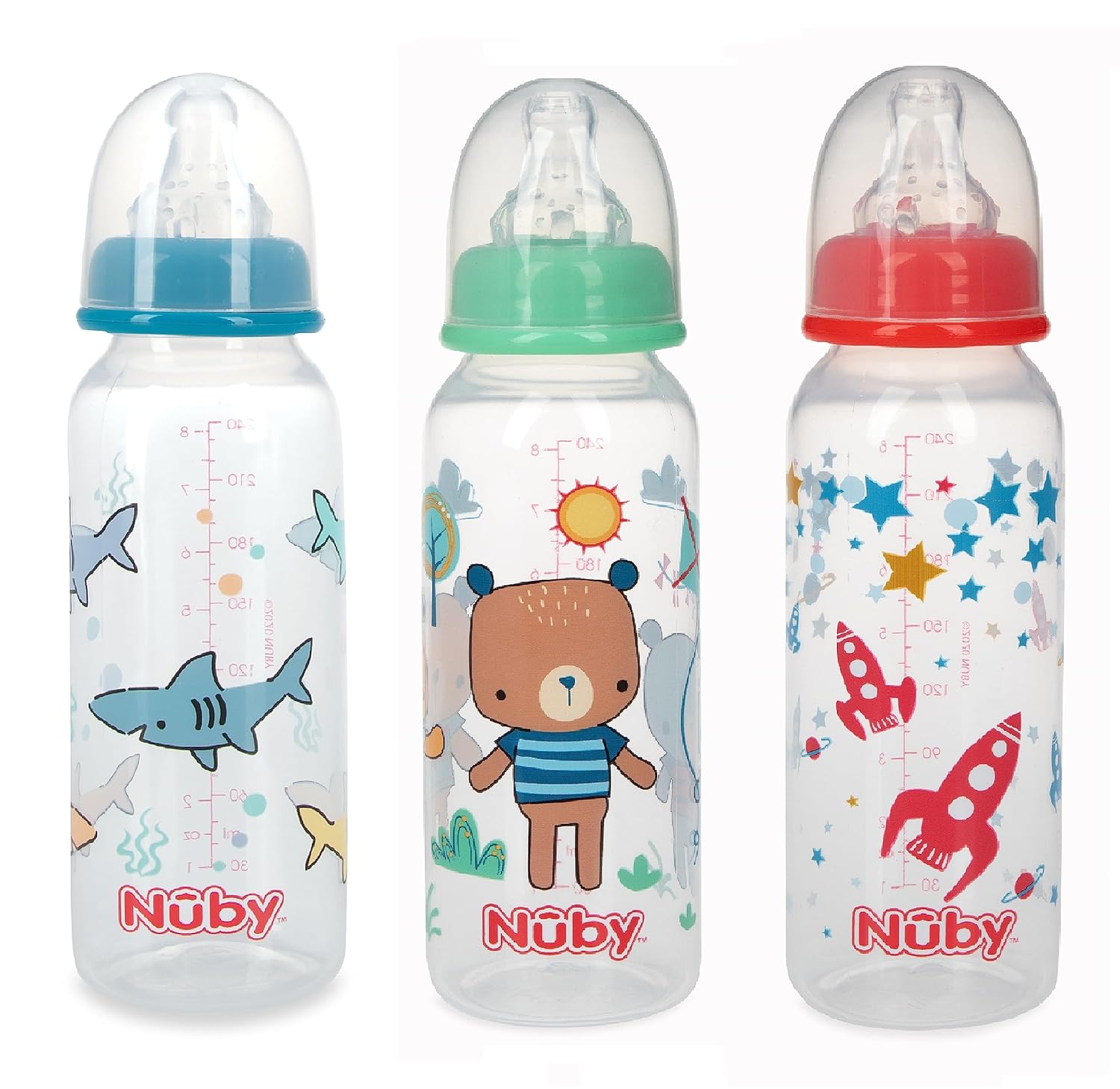 Nuby Botella teñida de cuello estándar, 8 onzas, paquete de 3 – azul, rojo, verde