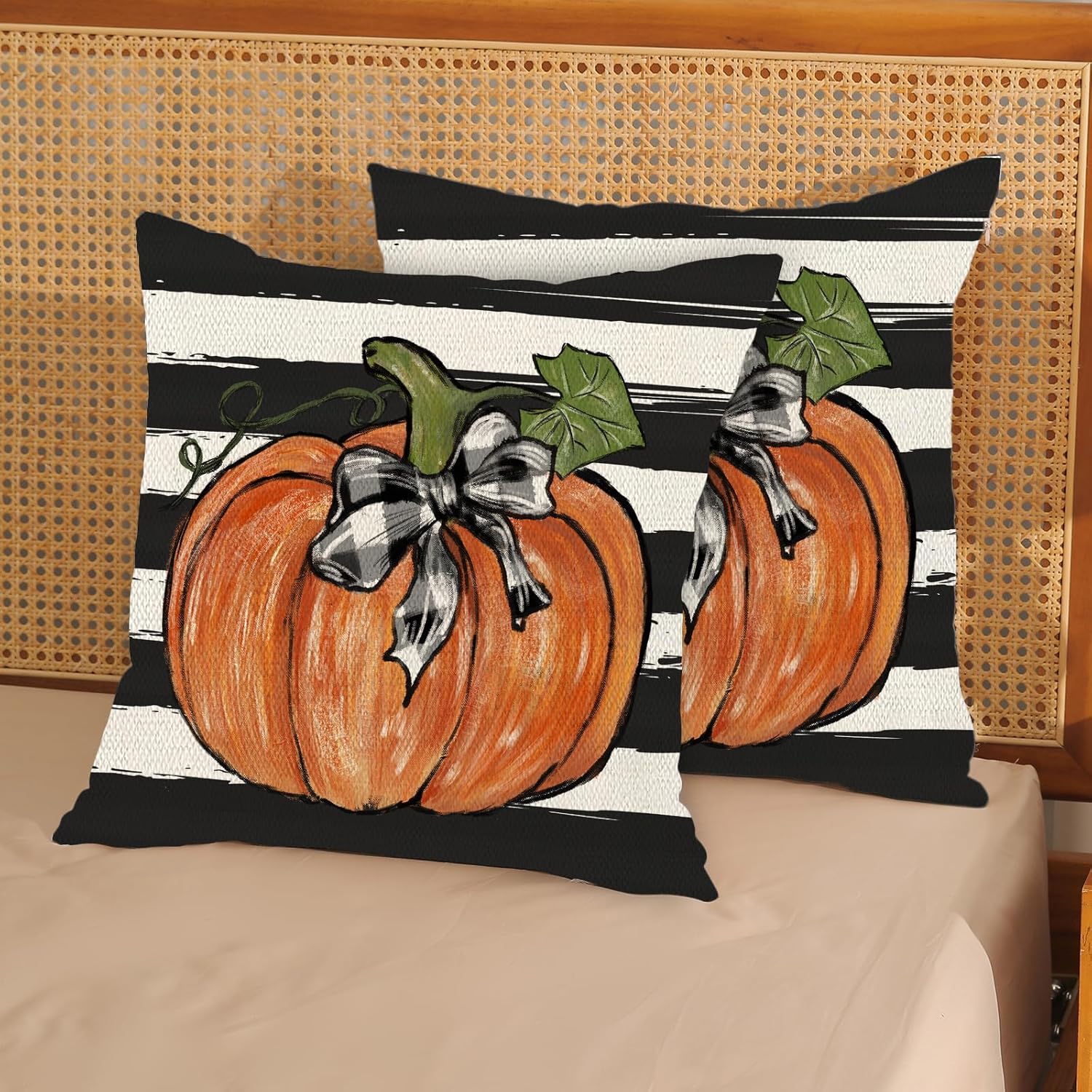 Juego de 2 fundas de almohada de otoño de 16 x 16 pulgadas, diseño de hojas de arce y rayas, decoración de otoño, de lino, Acción de Gracias, para